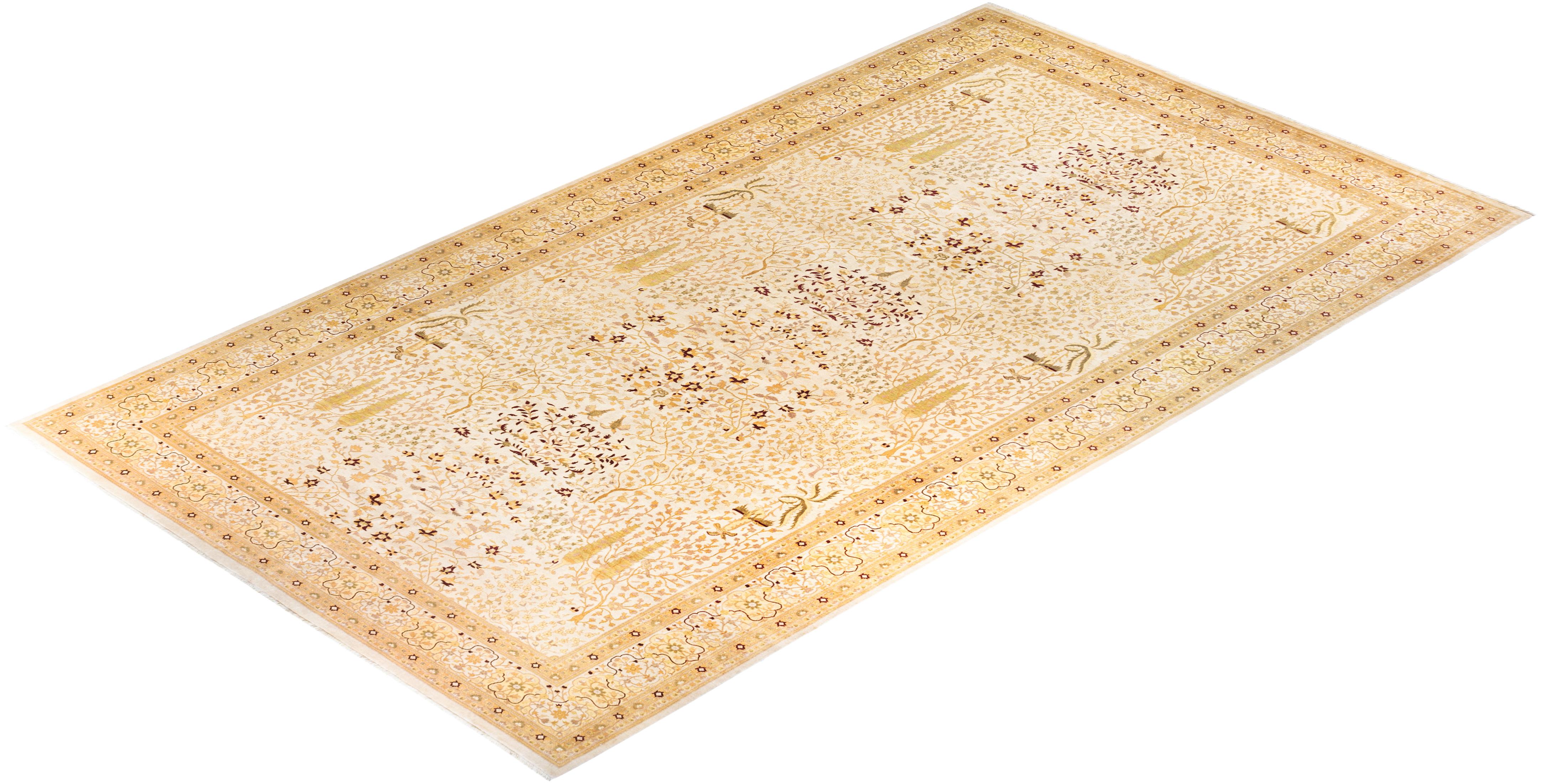 Handgeknüpfter elfenbeinfarbener Mogul-Teppich aus Wolle, Unikat im Angebot 3