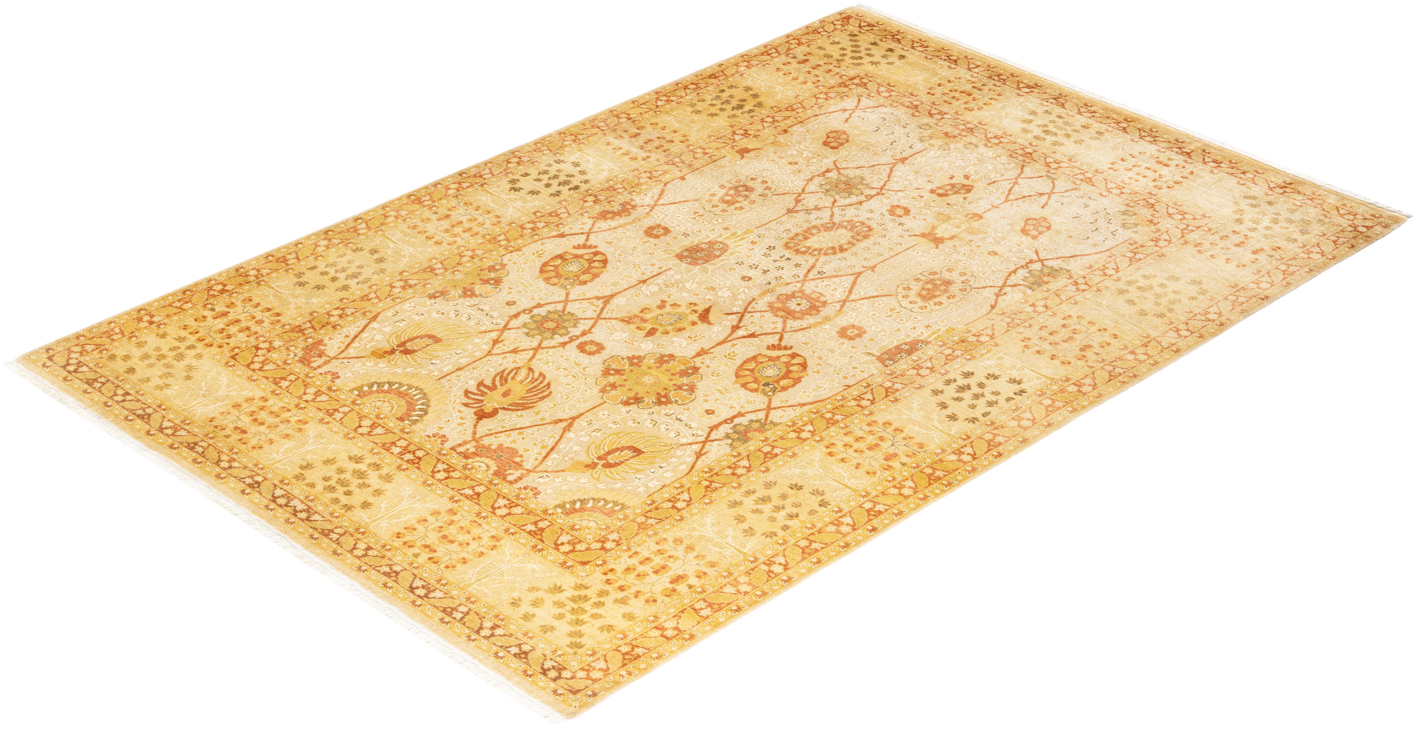 One-of-a-kind Hand Knotted Wool Mogul Ivory Area Rug For Sale 3