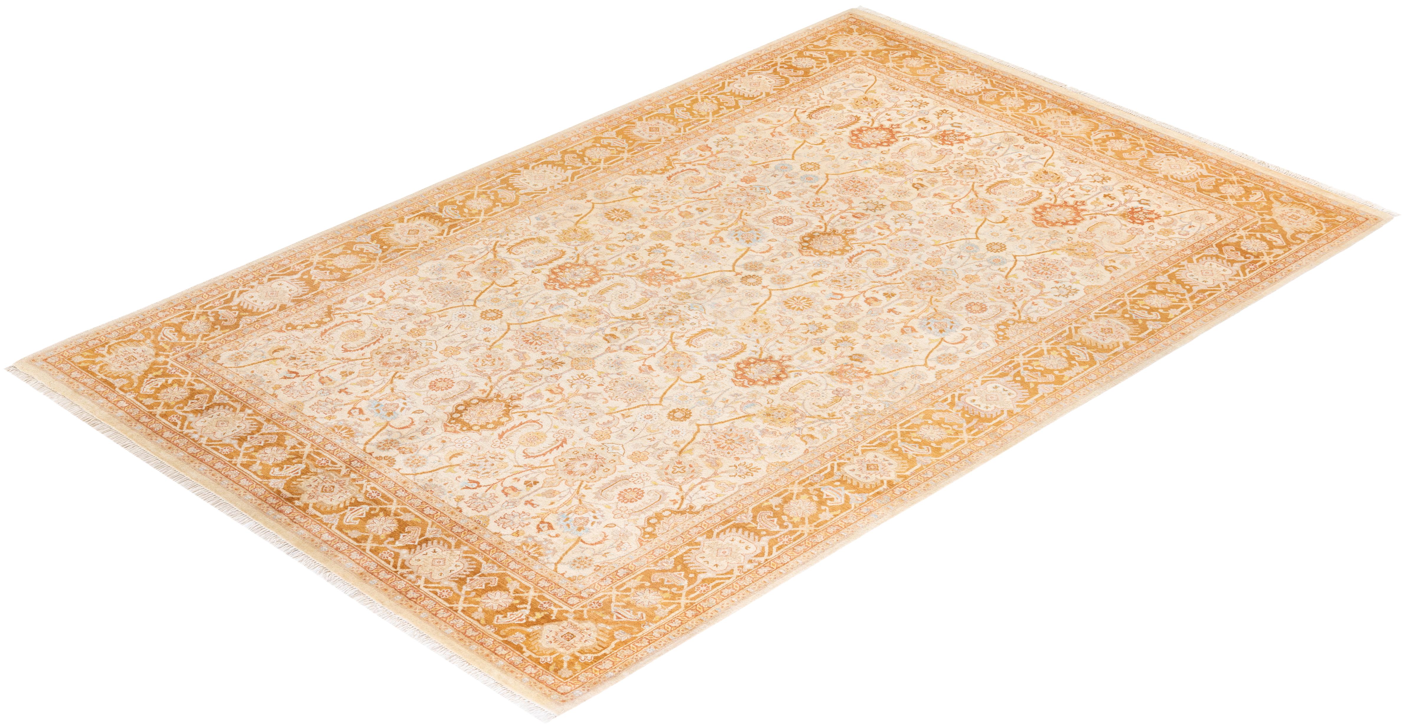 One-of-a-kind Hand Knotted Wool Mogul Ivory Area Rug For Sale 3