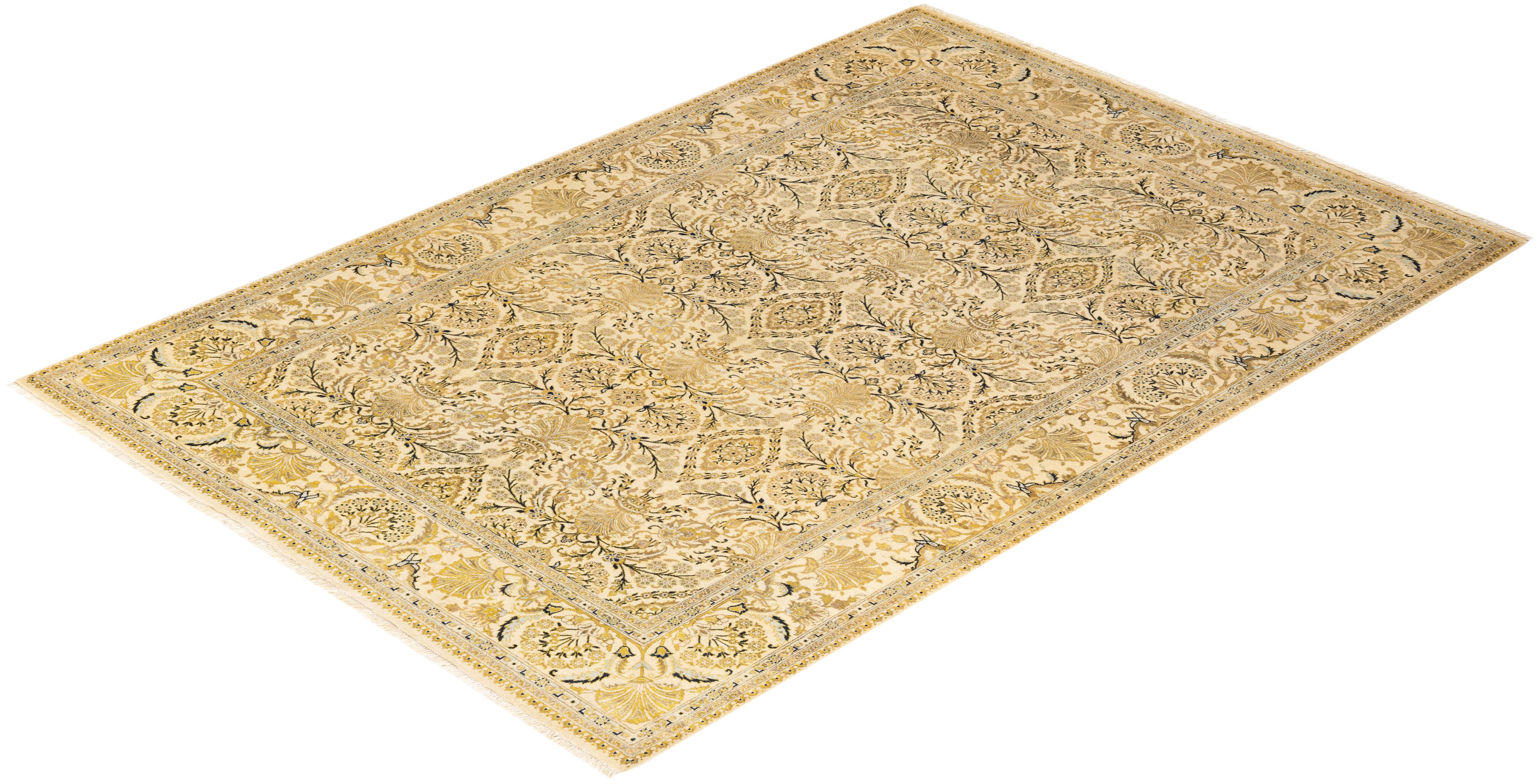 One-of-a-kind Hand Knotted Wool Mogul Ivory Area Rug For Sale 3