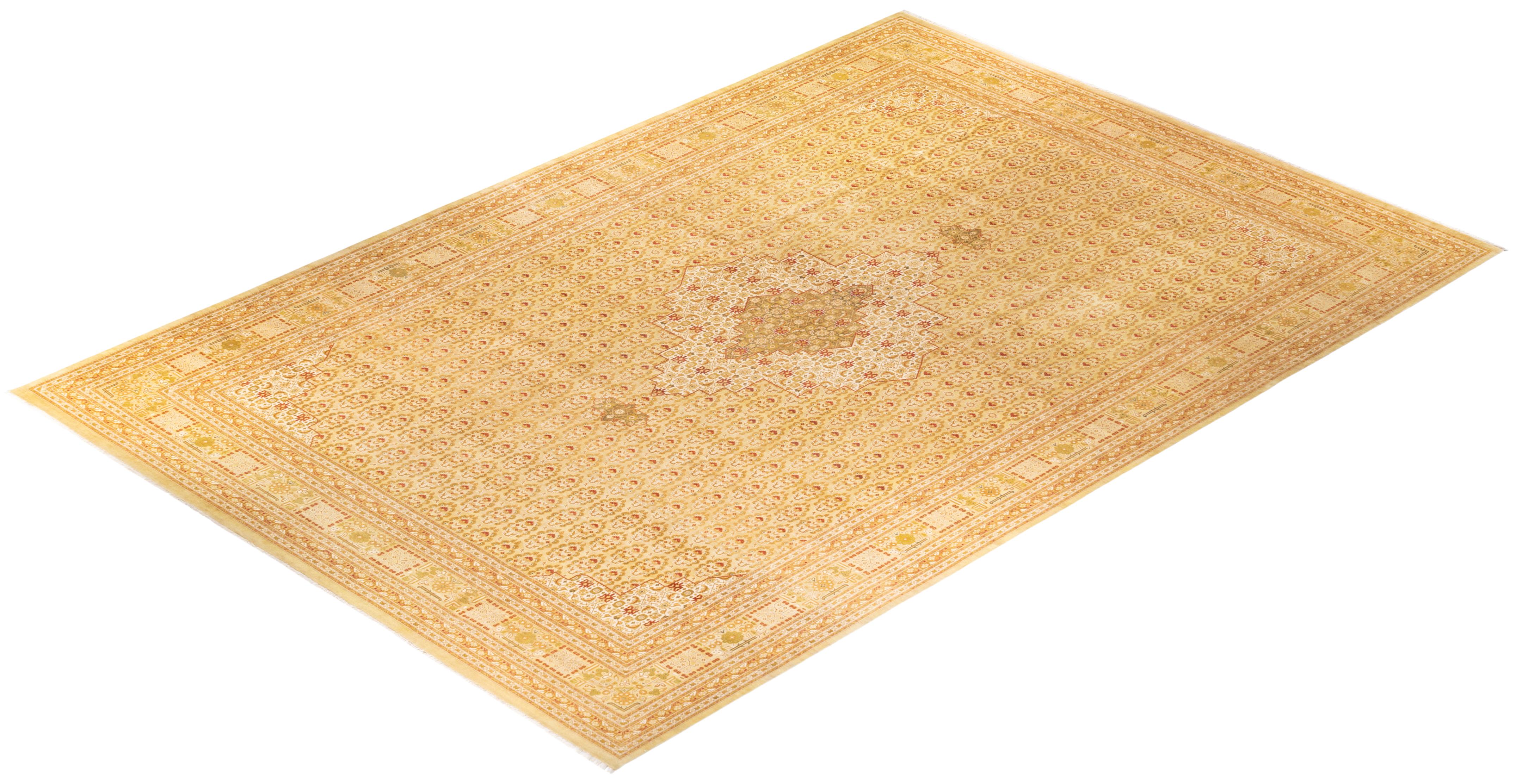 Handgeknüpfter elfenbeinfarbener Mogul-Teppich aus Wolle, Unikat im Angebot 3