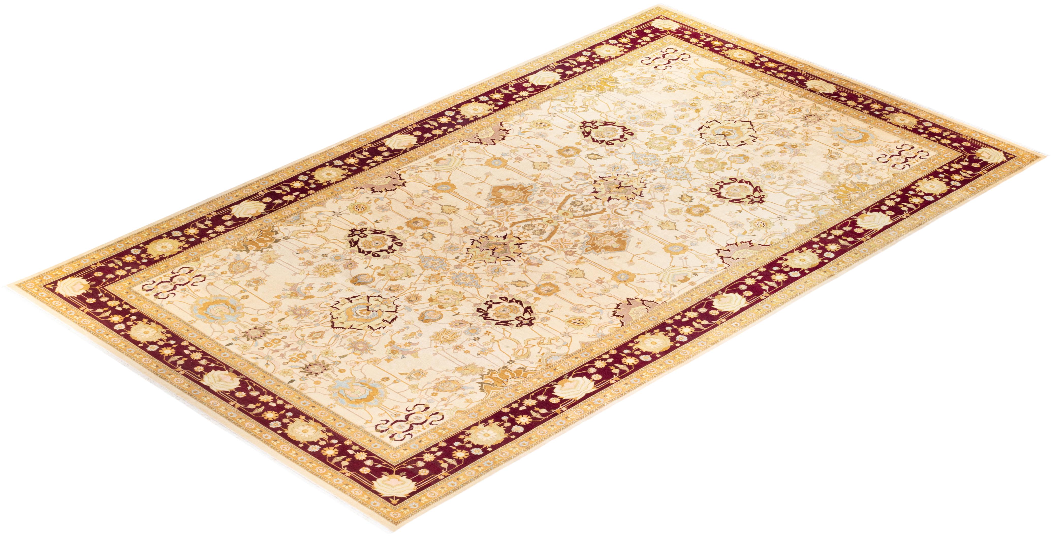 One-of-a-kind Hand Knotted Wool Mogul Ivory Area Rug For Sale 3