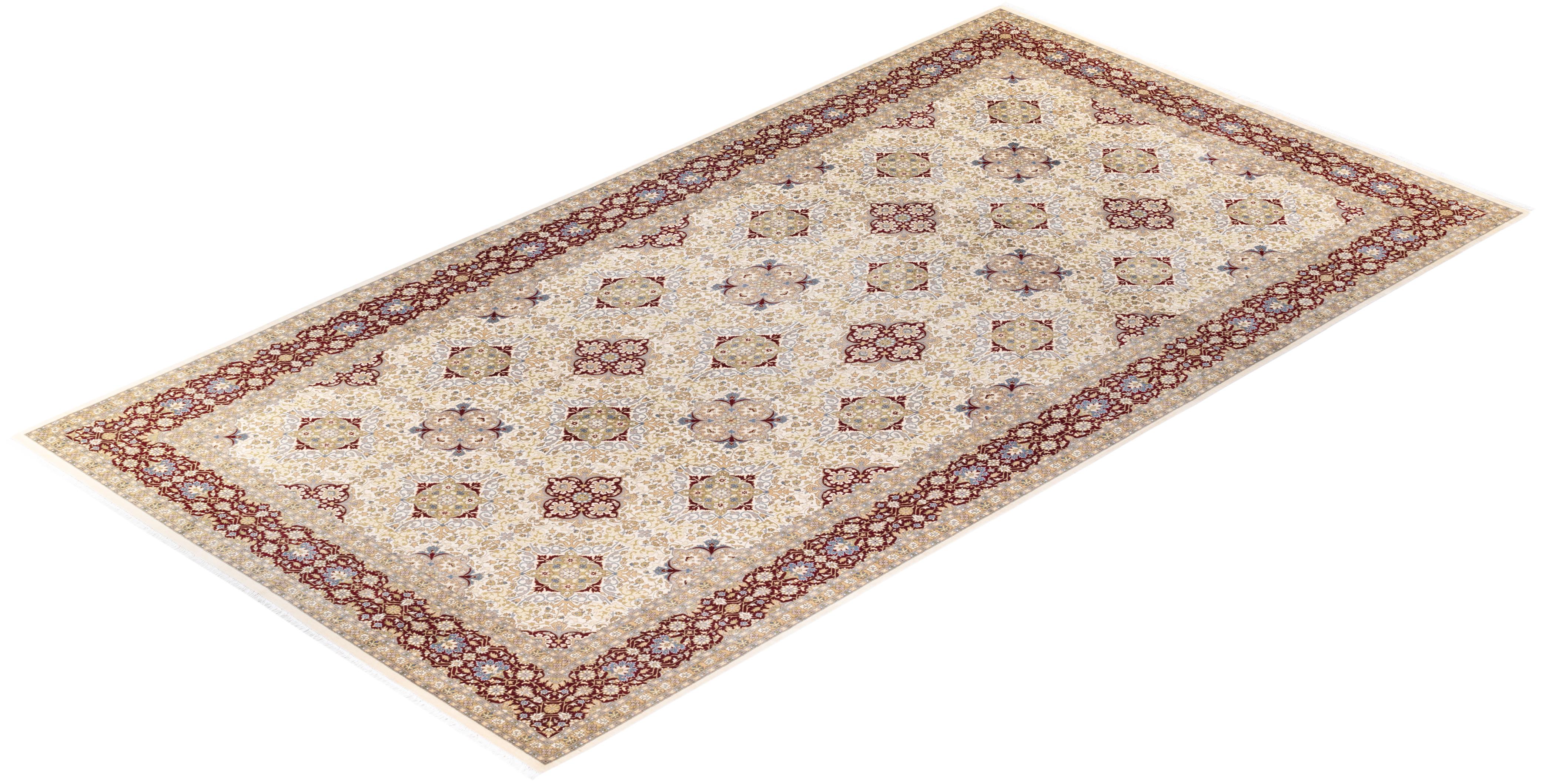 One-of-a-kind Hand Knotted Wool Mogul Ivory Area Rug For Sale 3