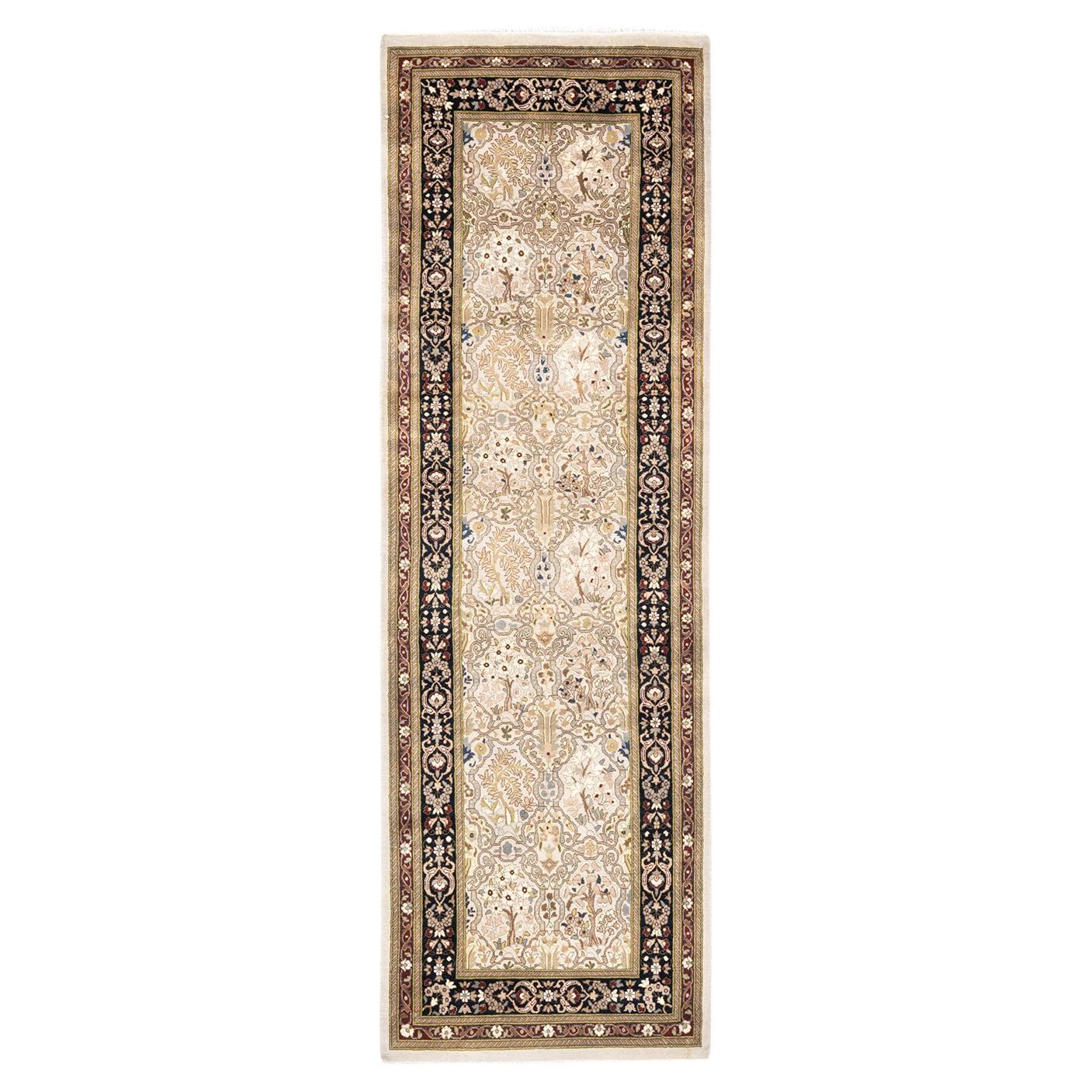 One-of-a-Kind Hand Knotted Wool Mogul Ivory Area Rug For Sale