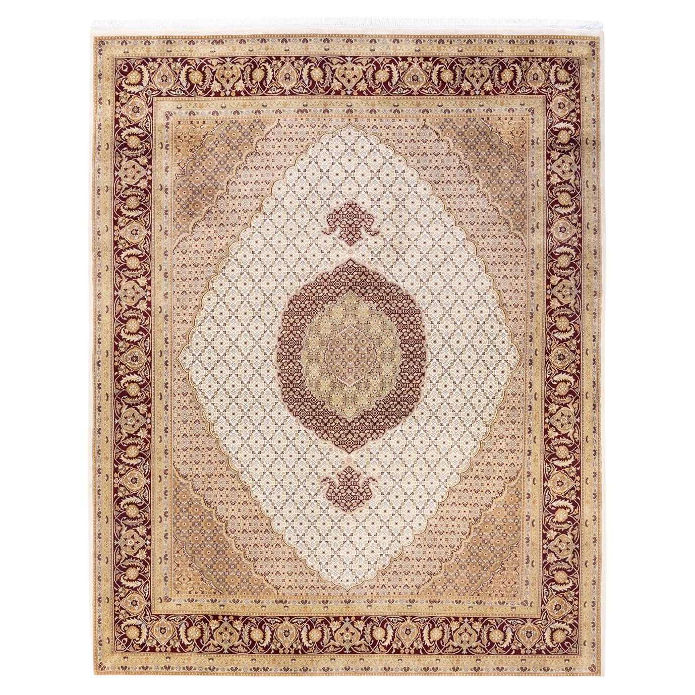One-of-a-Kind Hand Knotted Wool Mogul Ivory Area Rug For Sale
