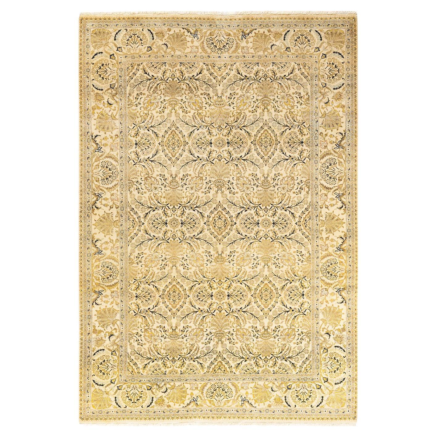 One-of-a-kind Hand Knotted Wool Mogul Ivory Area Rug For Sale