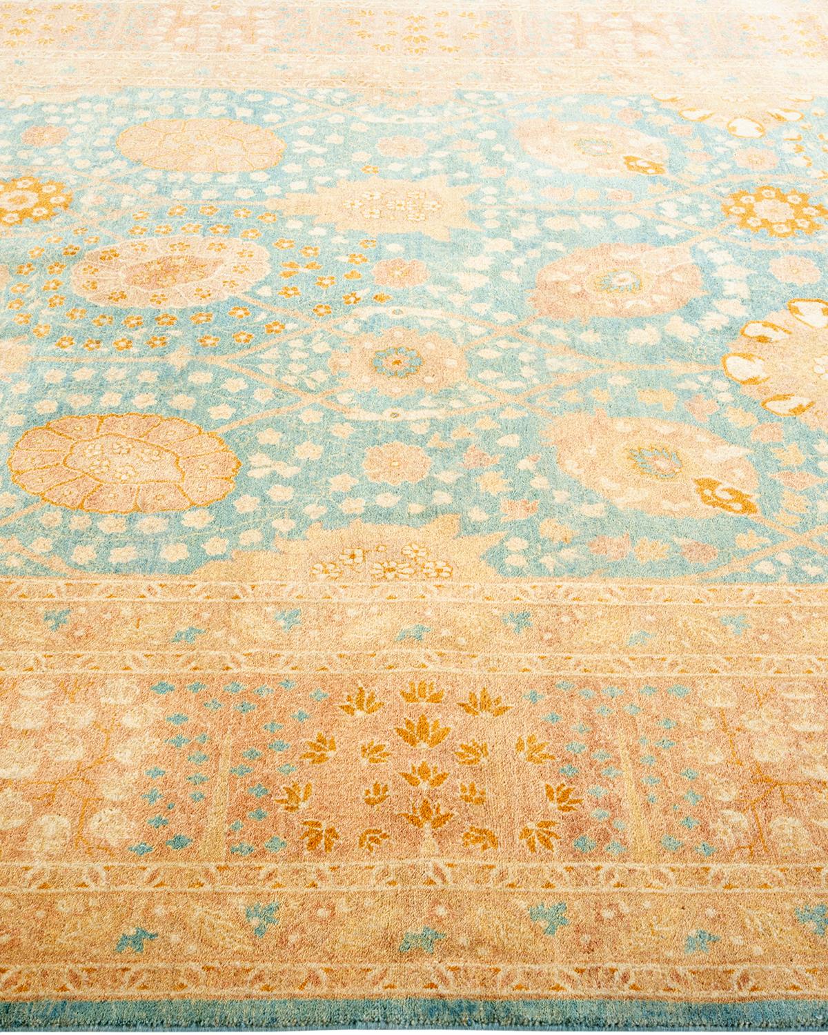 One-of-a-kind Hand Knotted Wool Mogul Light Blue Area Rug In New Condition For Sale In Norwalk, CT