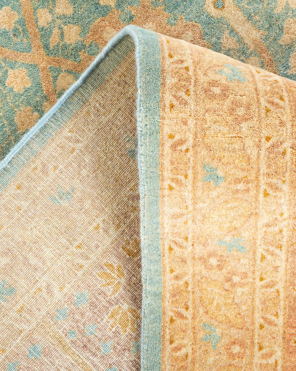 One-of-a-kind Hand Knotted Wool Mogul Light Blue Area Rug For Sale 1