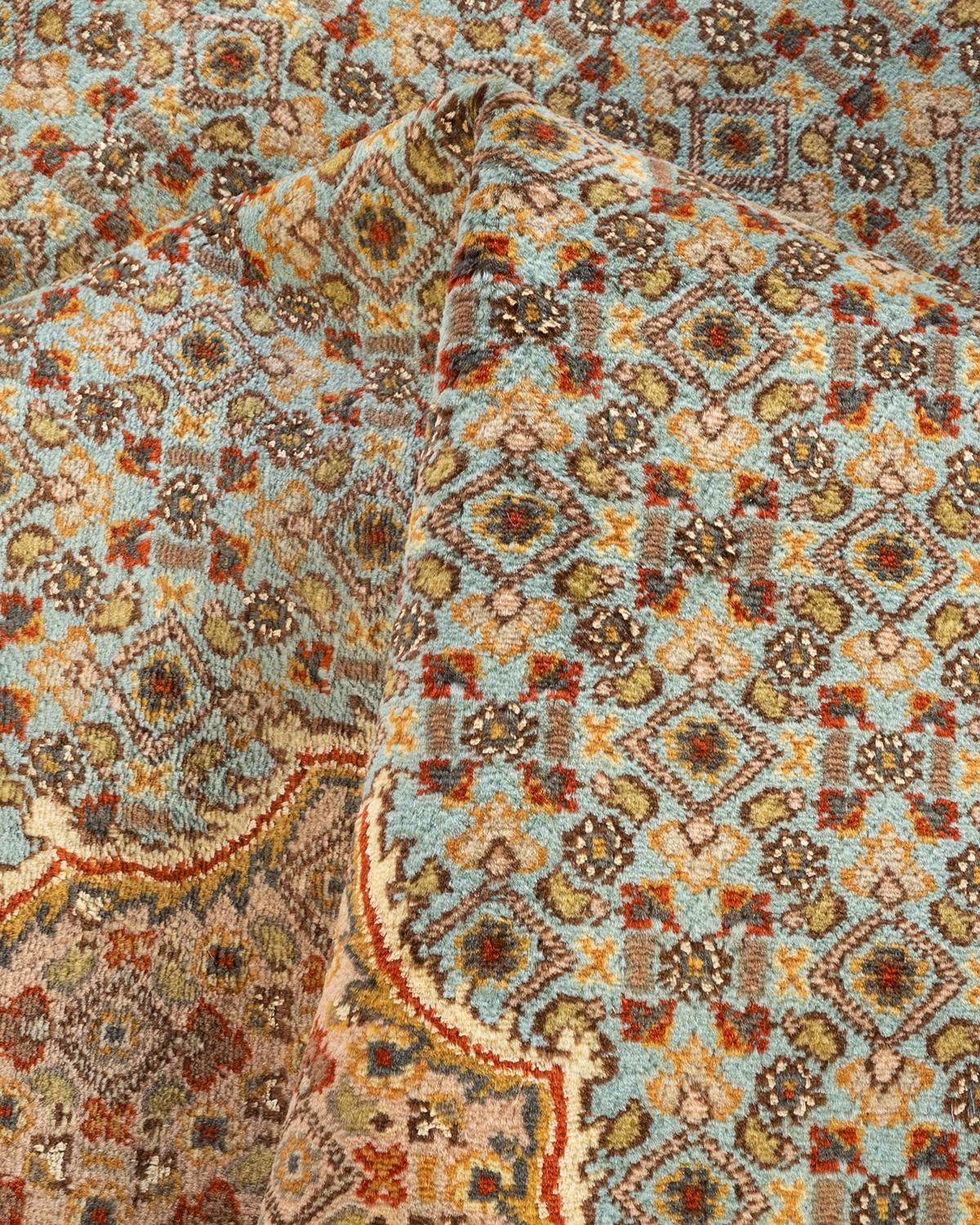 One-of-a-kind Hand Knotted Wool Mogul Light Blue Area Rug For Sale 2
