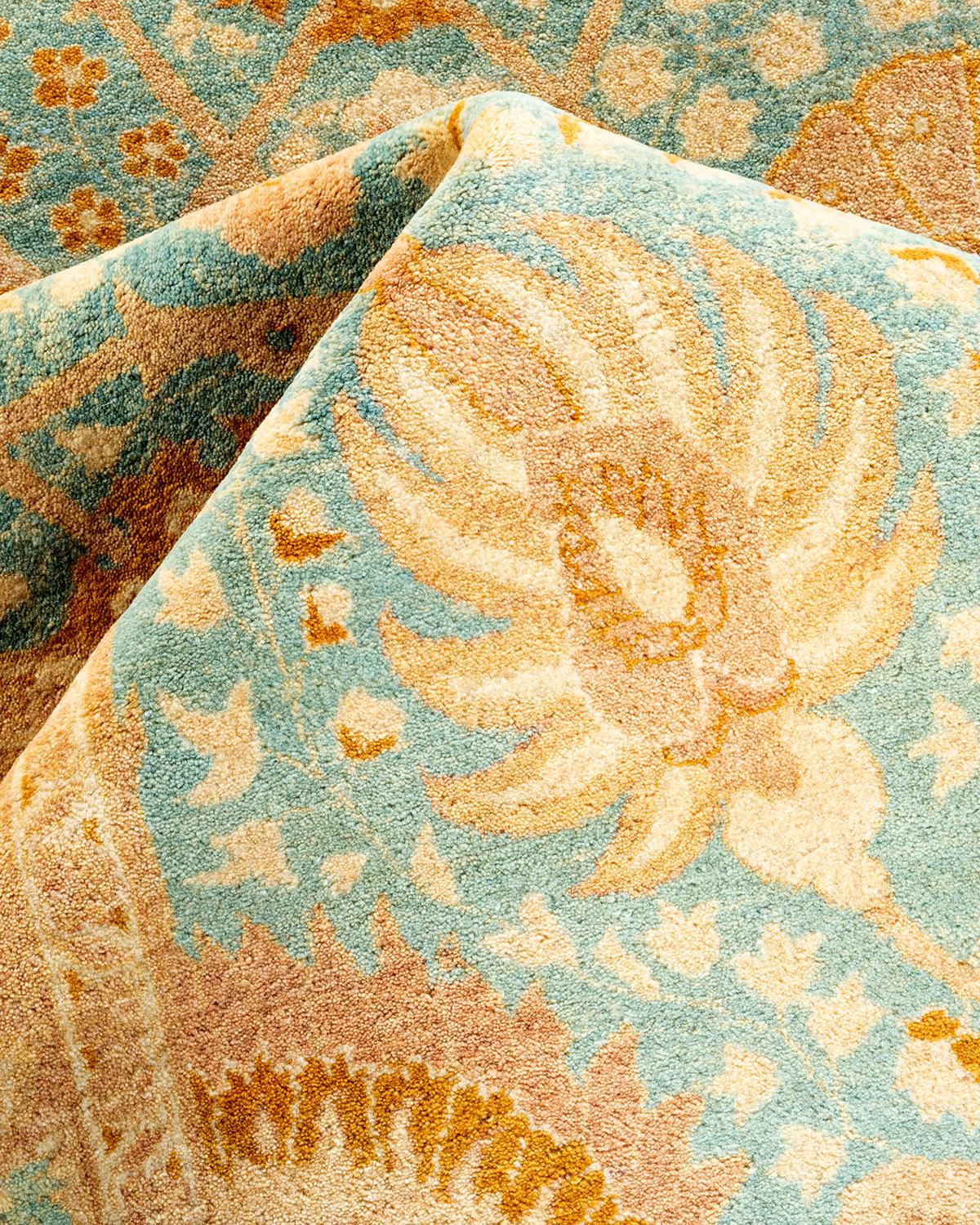 One-of-a-kind Hand Knotted Wool Mogul Light Blue Area Rug For Sale 2