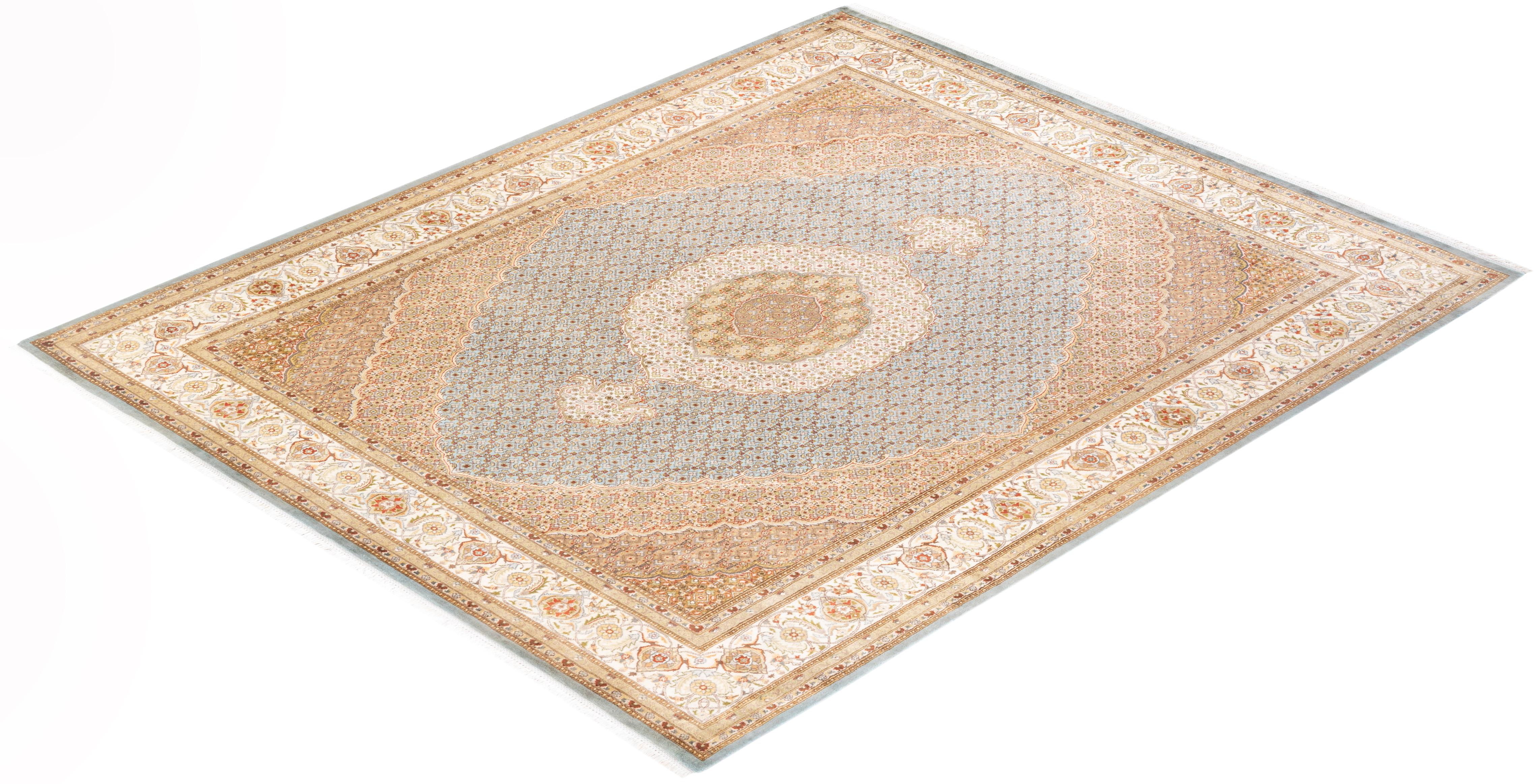 Handgeknüpfter, hellblauer Mogul-Teppich aus Wolle, Unikat im Angebot 3