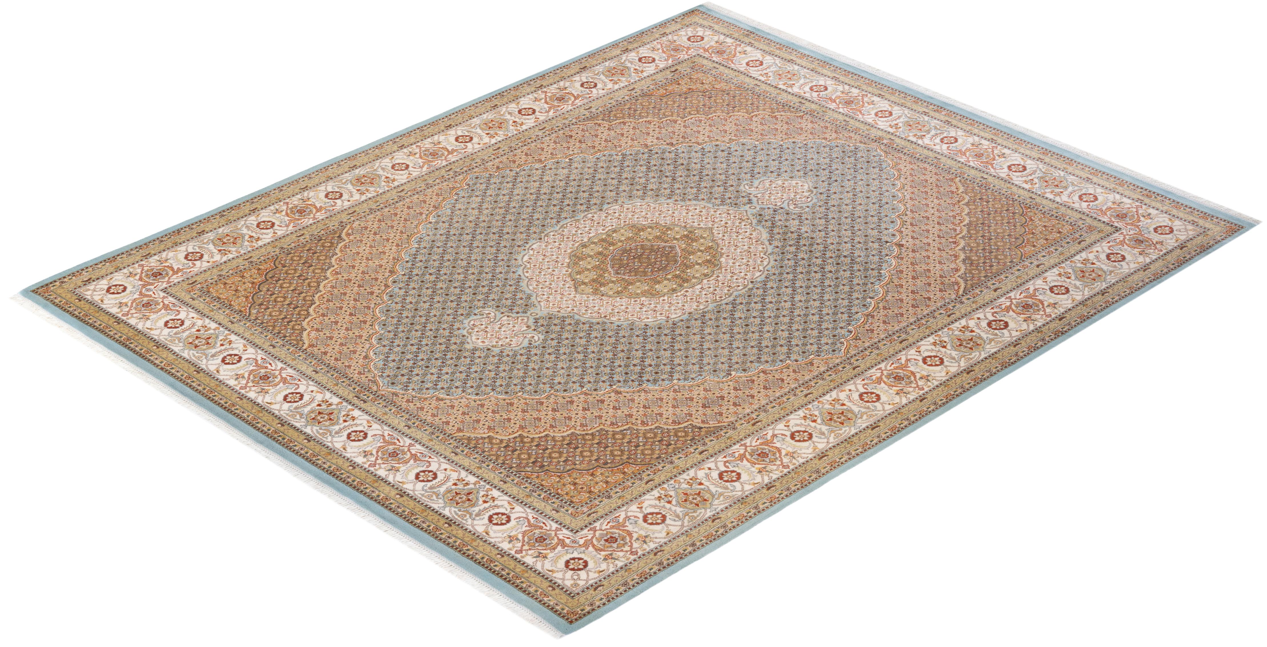 One-of-a-kind Hand Knotted Wool Mogul Light Blue Area Rug For Sale 3