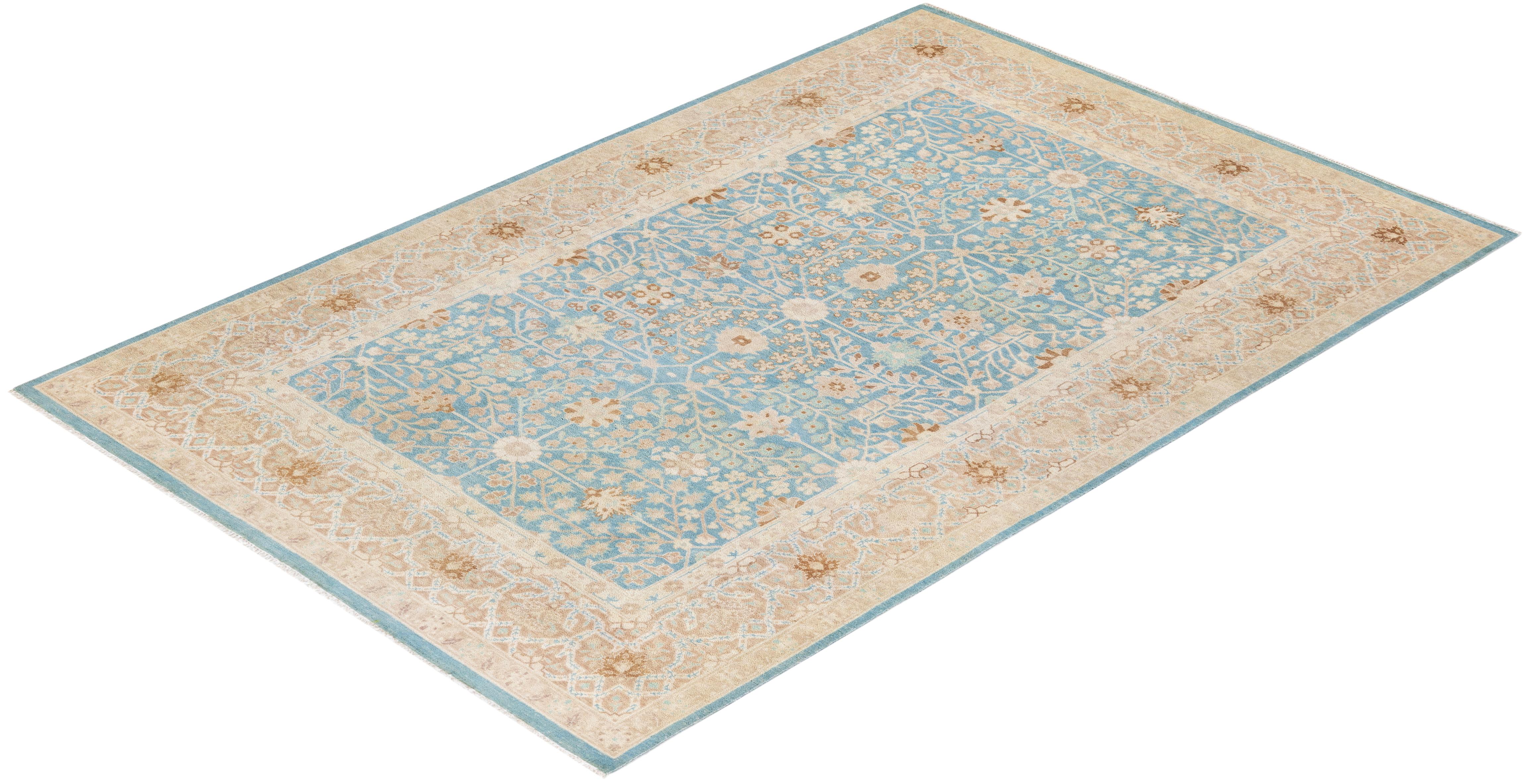 One-of-a-kind Hand Knotted Wool Mogul Light Blue Area Rug For Sale 3