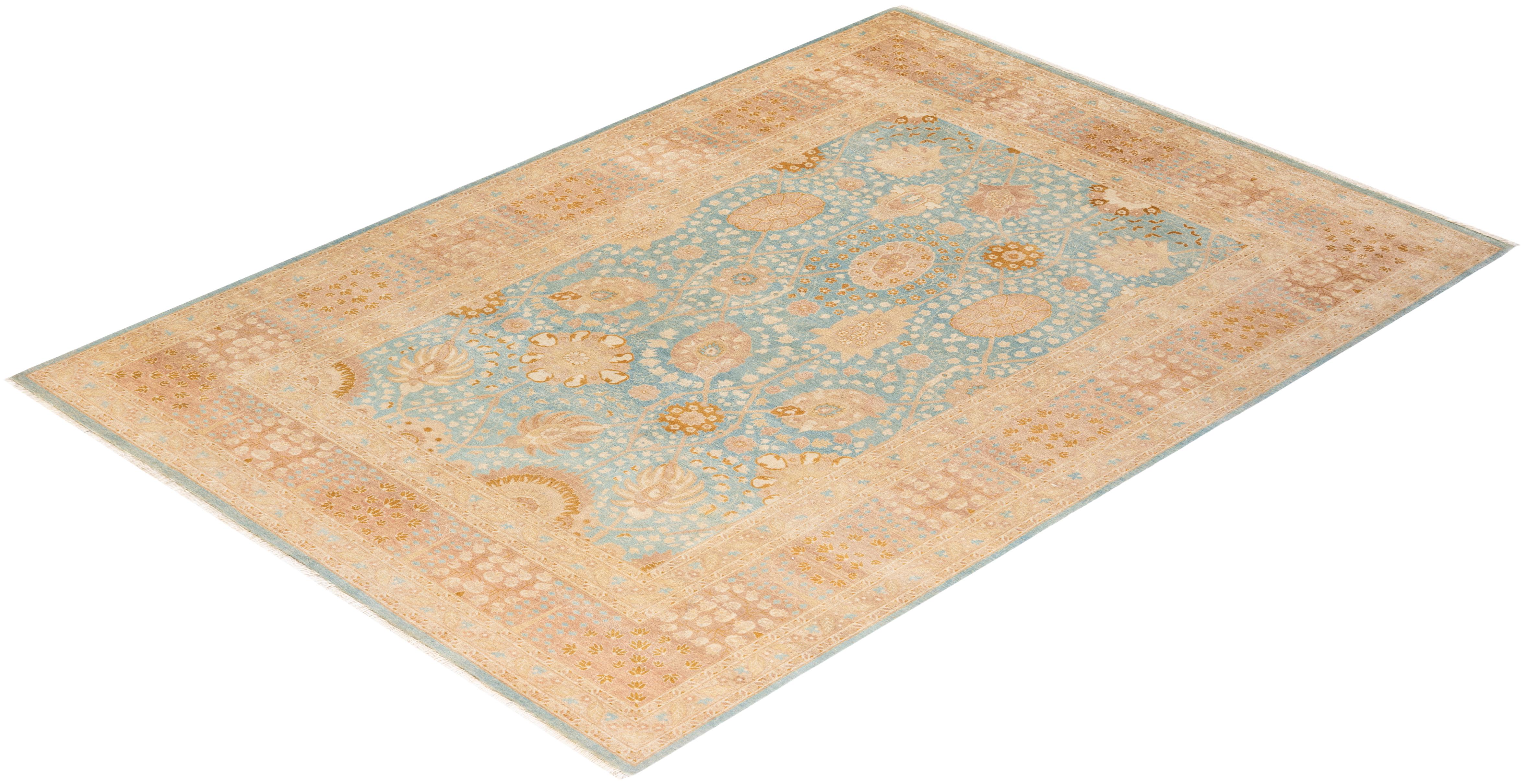 One-of-a-kind Hand Knotted Wool Mogul Light Blue Area Rug For Sale 3