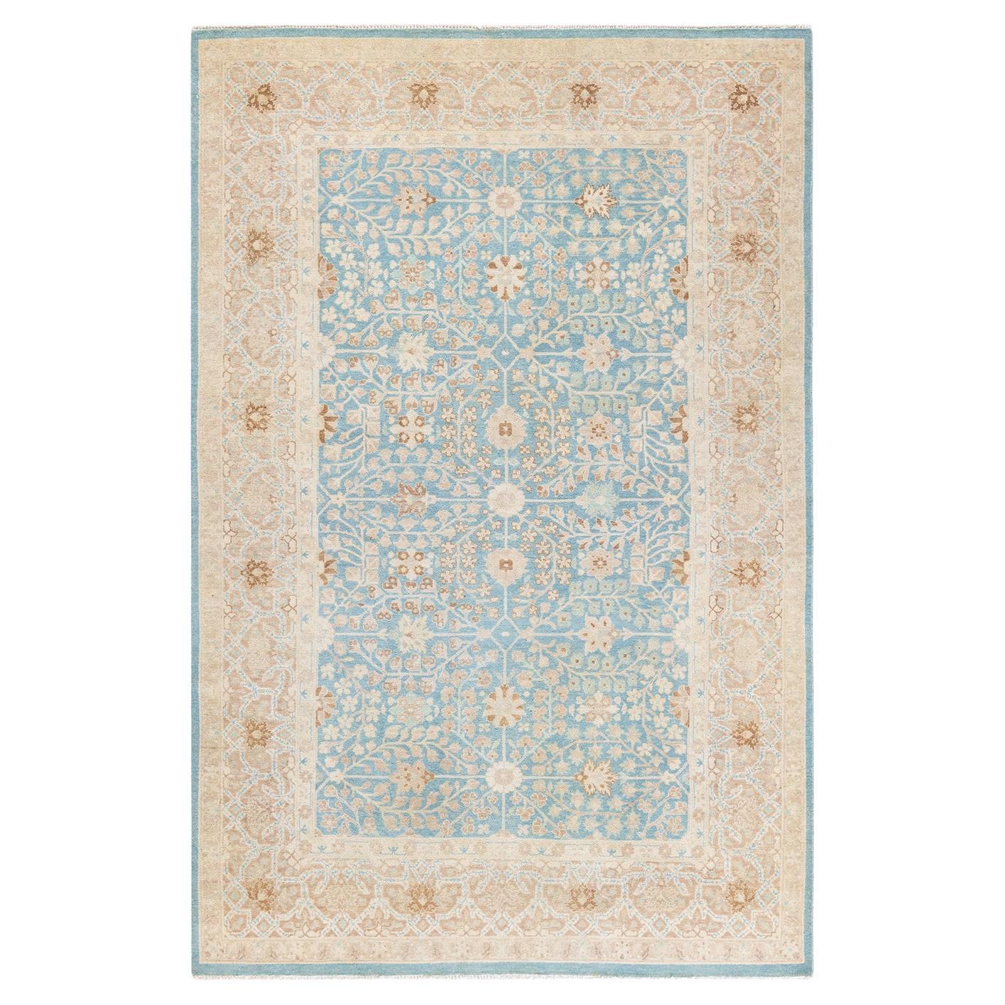 One-of-a-kind Hand Knotted Wool Mogul Light Blue Area Rug For Sale