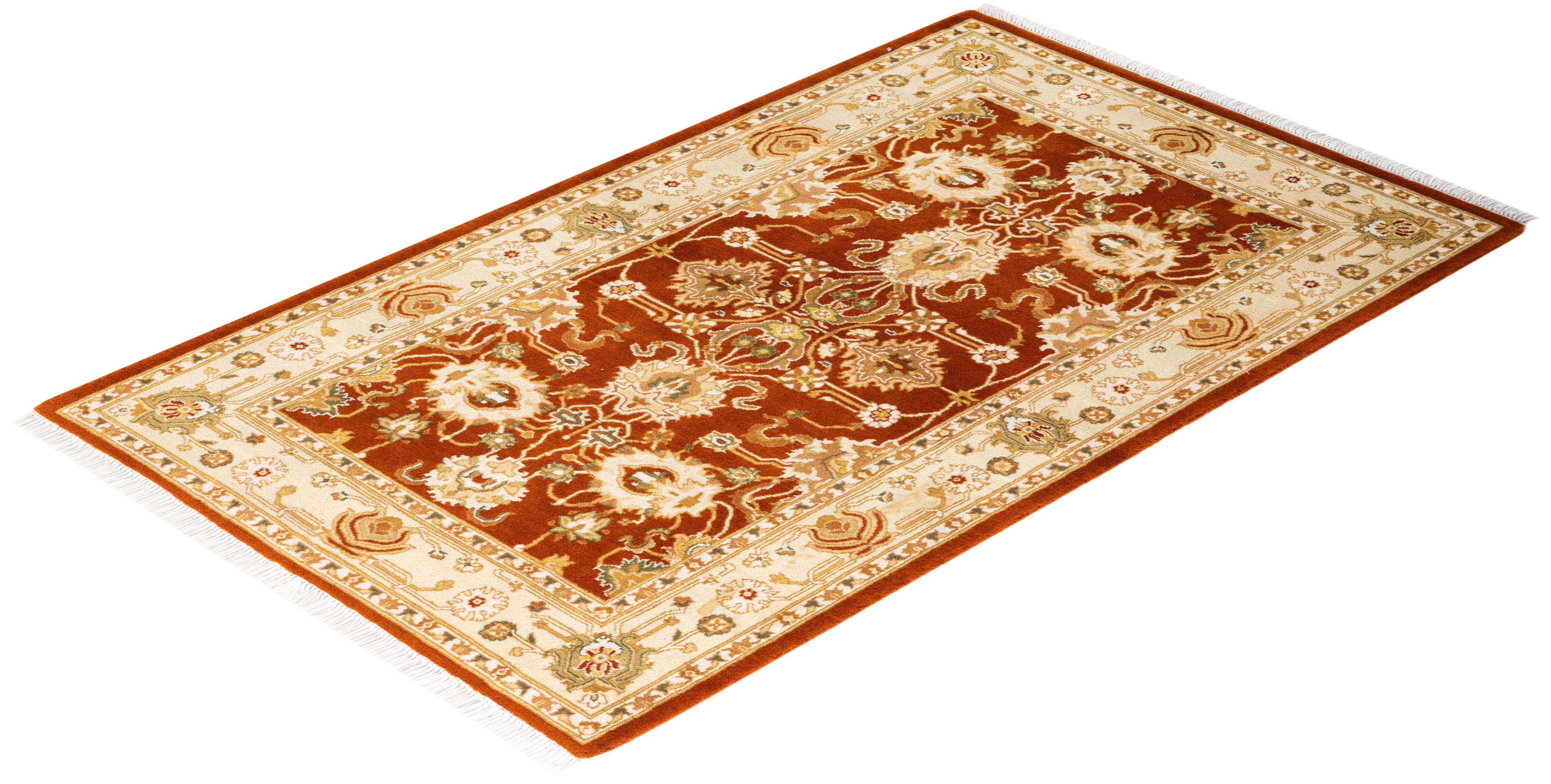 Handgeknüpfter, orangefarbener Mogul-Teppich aus Wolle, Unikat im Angebot 3