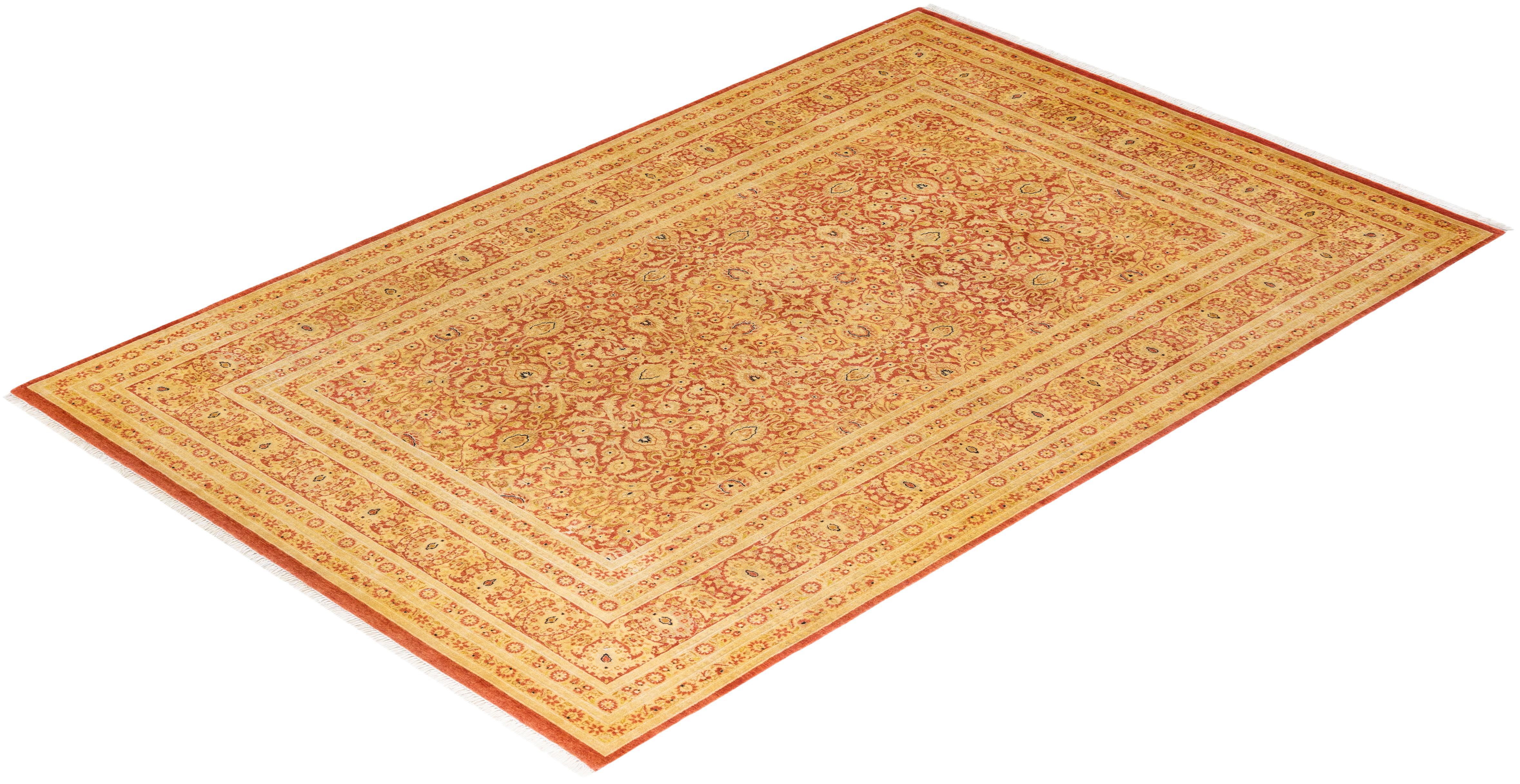 Handgeknüpfter, orangefarbener Mogul-Teppich aus Wolle, Unikat im Angebot 3
