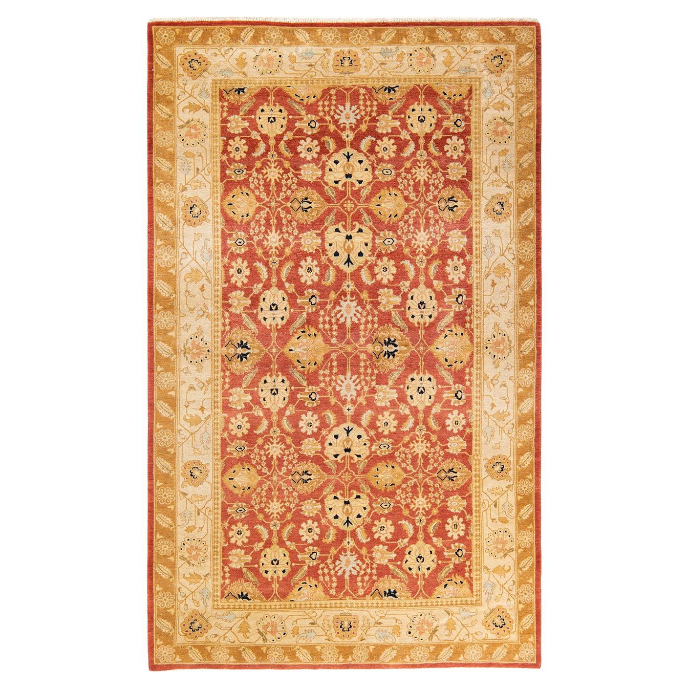 Tapis Mogul orange en laine noué à la main, unique en son genre
