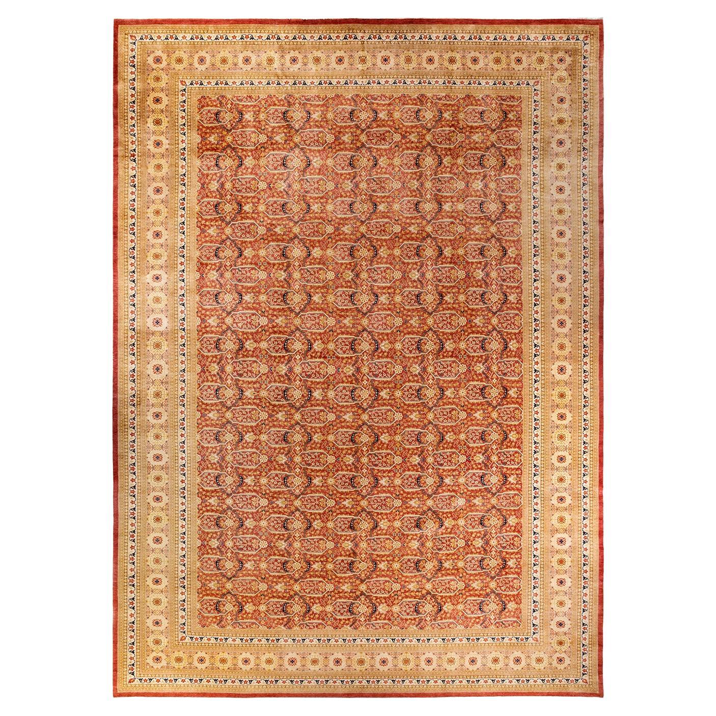 One-of-a-kind Hand Knotted Wool Mogul Orange Area Rug For Sale