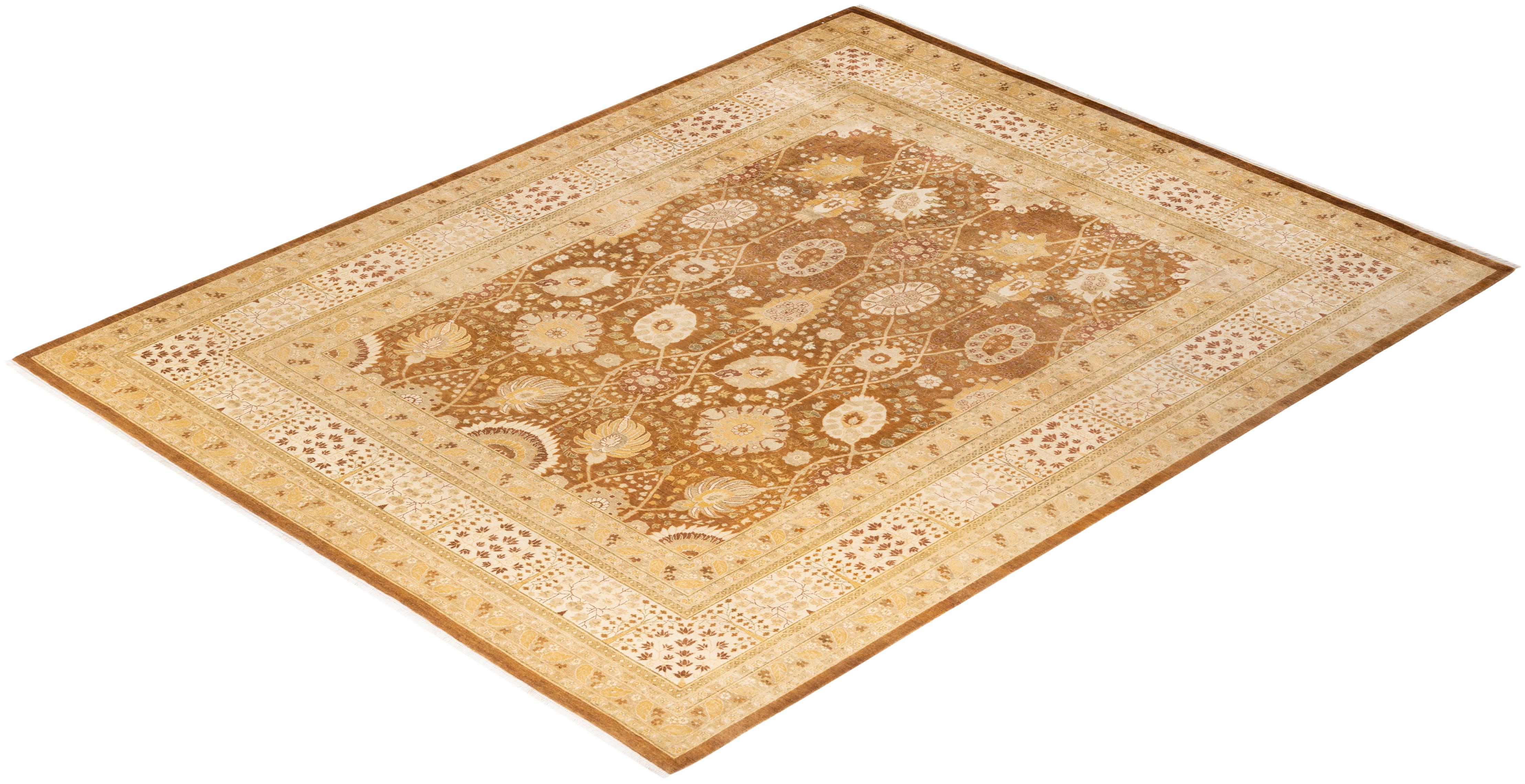 One-of-a-kind Hand Knotted Wool Mogul Yellow Area Rug For Sale 3