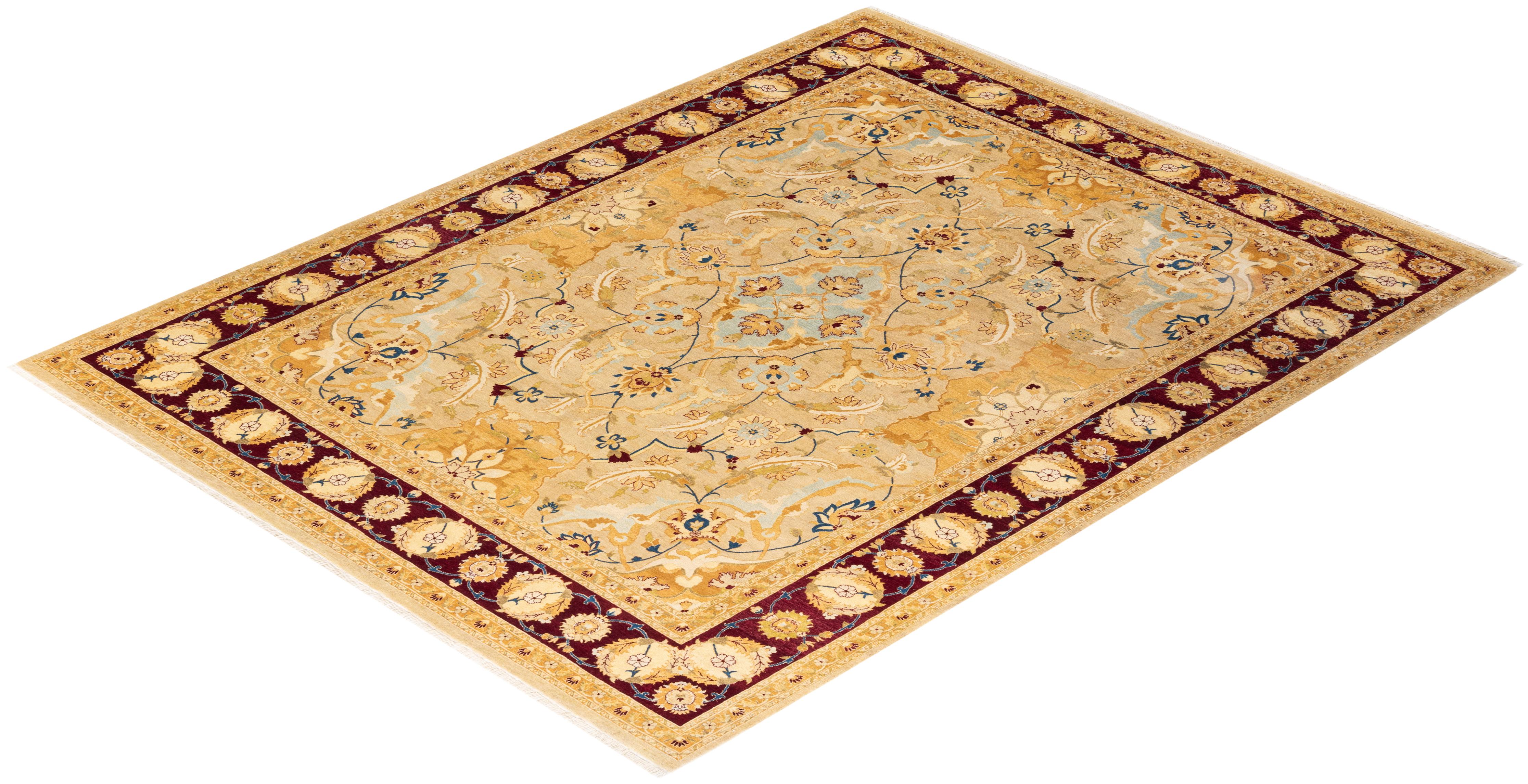 One-of-a-kind Hand Knotted Wool Mogul Yellow Area Rug For Sale 3