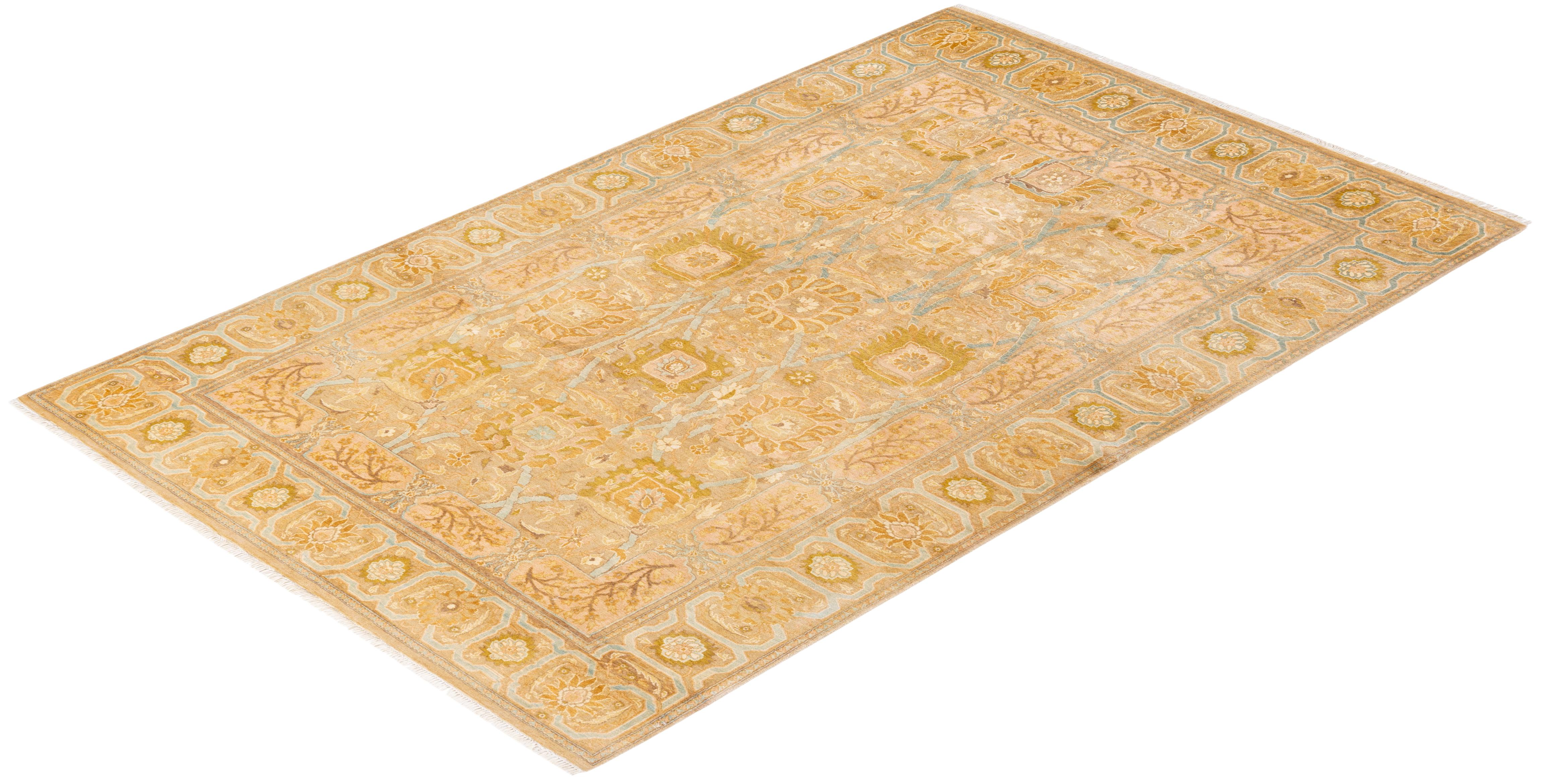 One-of-a-kind Hand Knotted Wool Mogul Yellow Area Rug For Sale 3