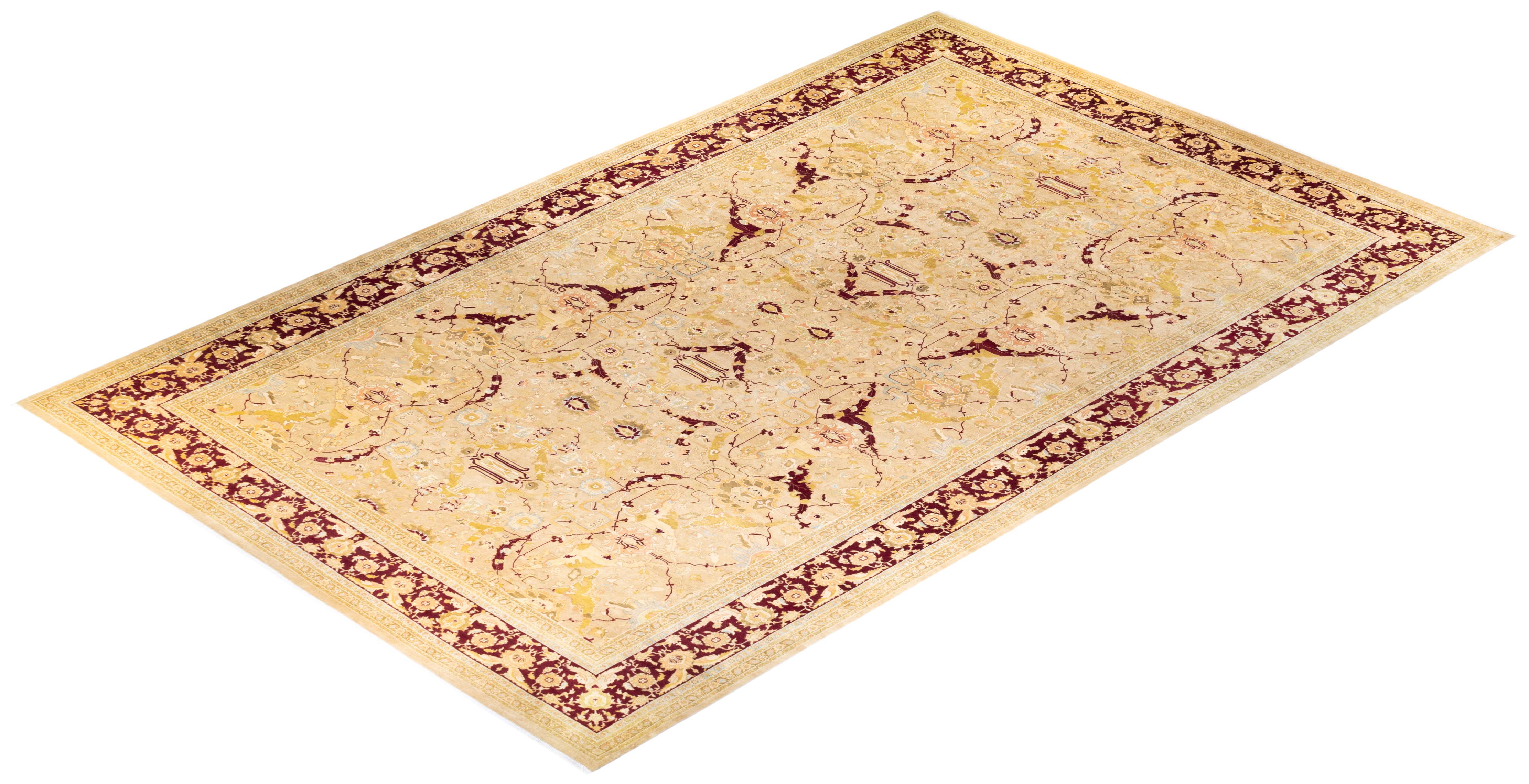 One-of-a-kind Hand Knotted Wool Mogul Yellow Area Rug For Sale 3