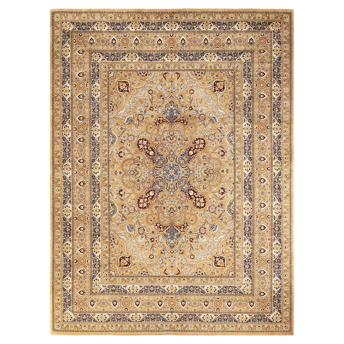 One-of-a-kind Hand Knotted Wool Mogul Yellow Area Rug For Sale