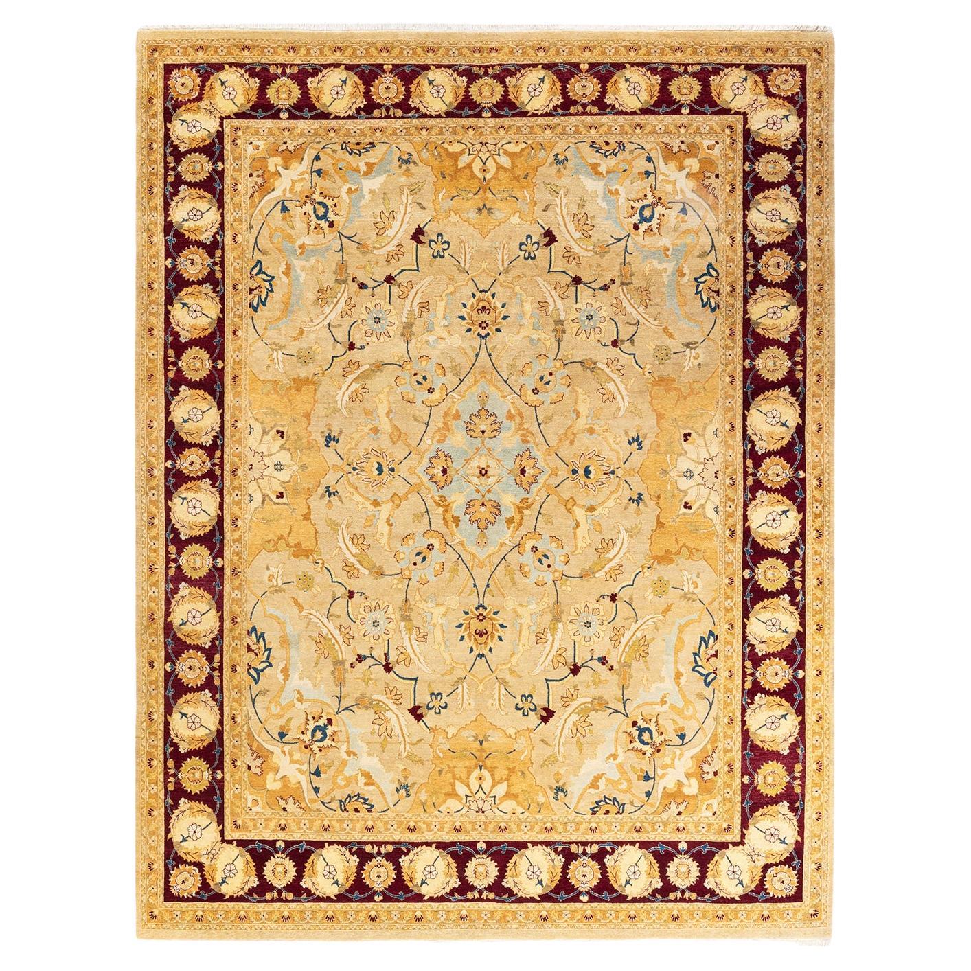 One-of-a-kind Hand Knotted Wool Mogul Yellow Area Rug For Sale