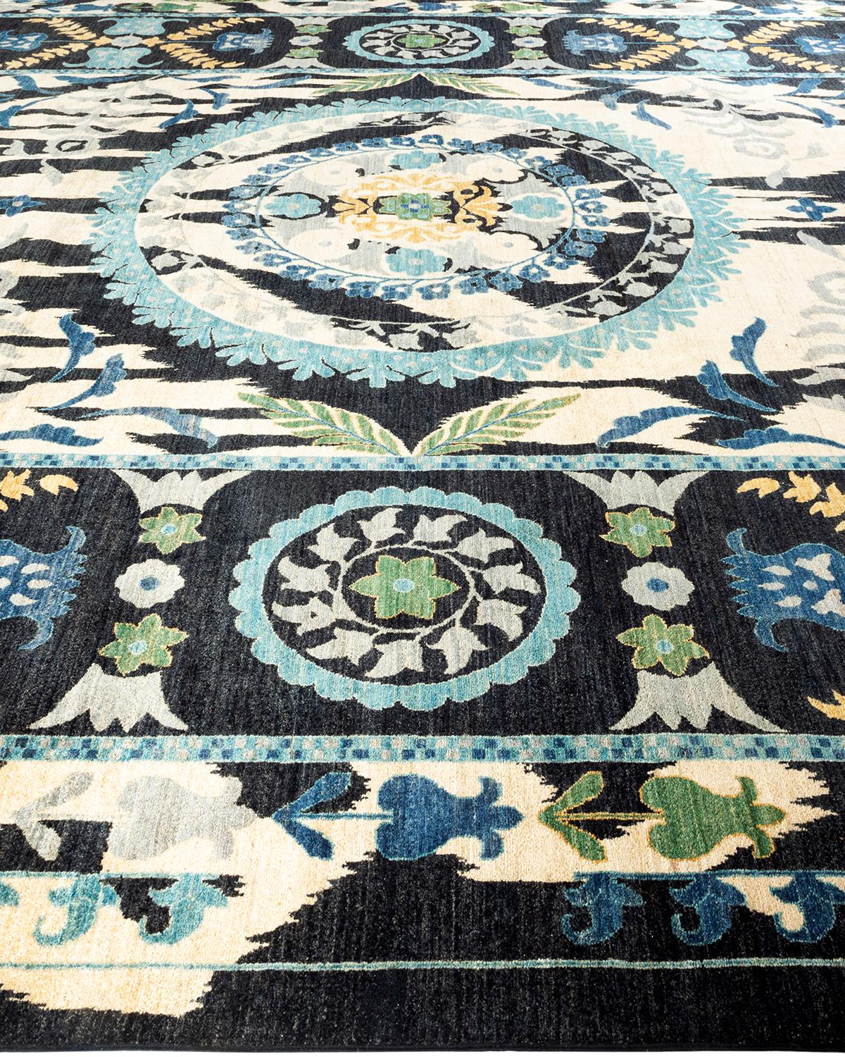 One-of-a-kind Hand Knotted Wool Suzani Black Area Rug In New Condition For Sale In Norwalk, CT