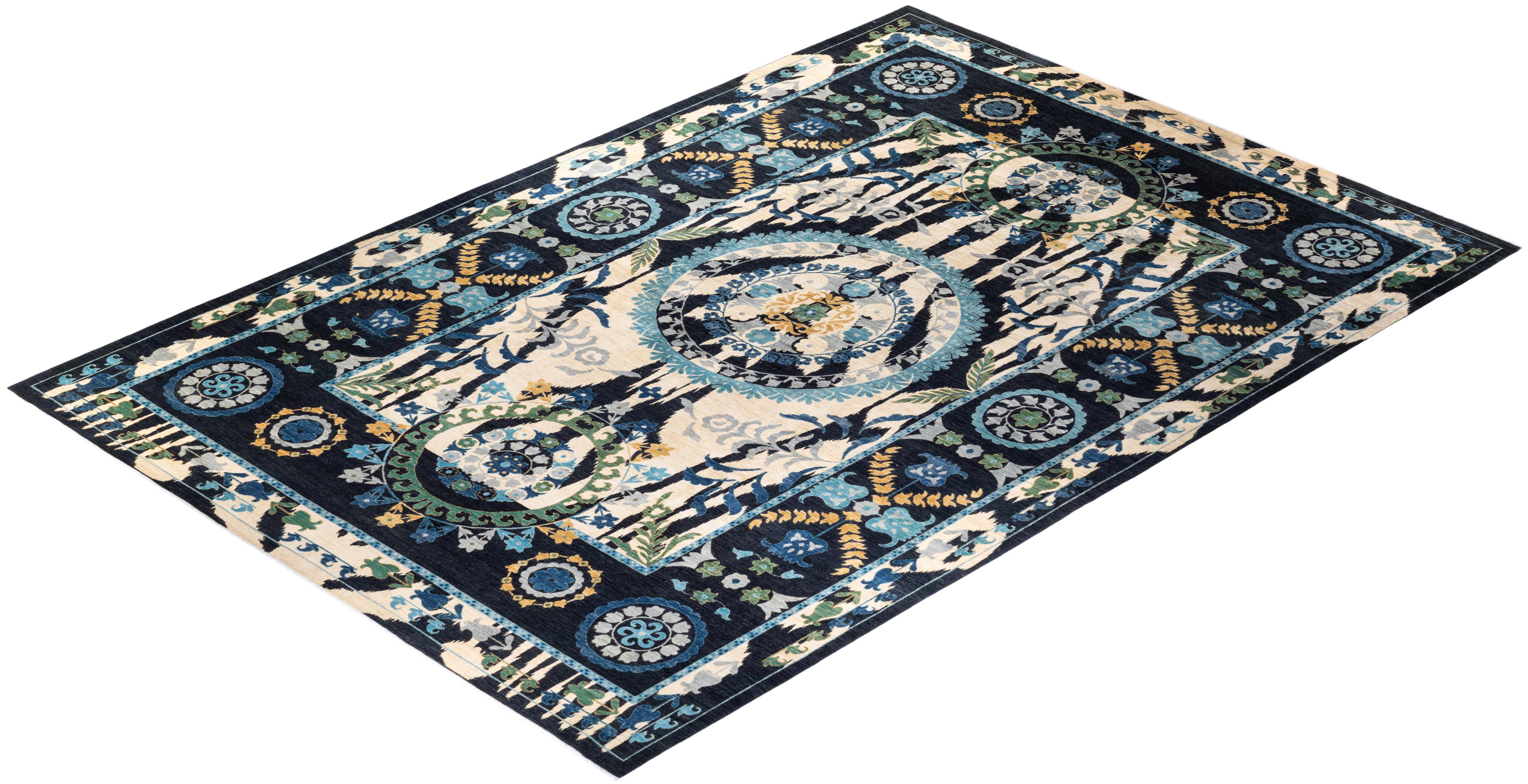 One-of-a-kind Hand Knotted Wool Suzani Black Area Rug For Sale 3