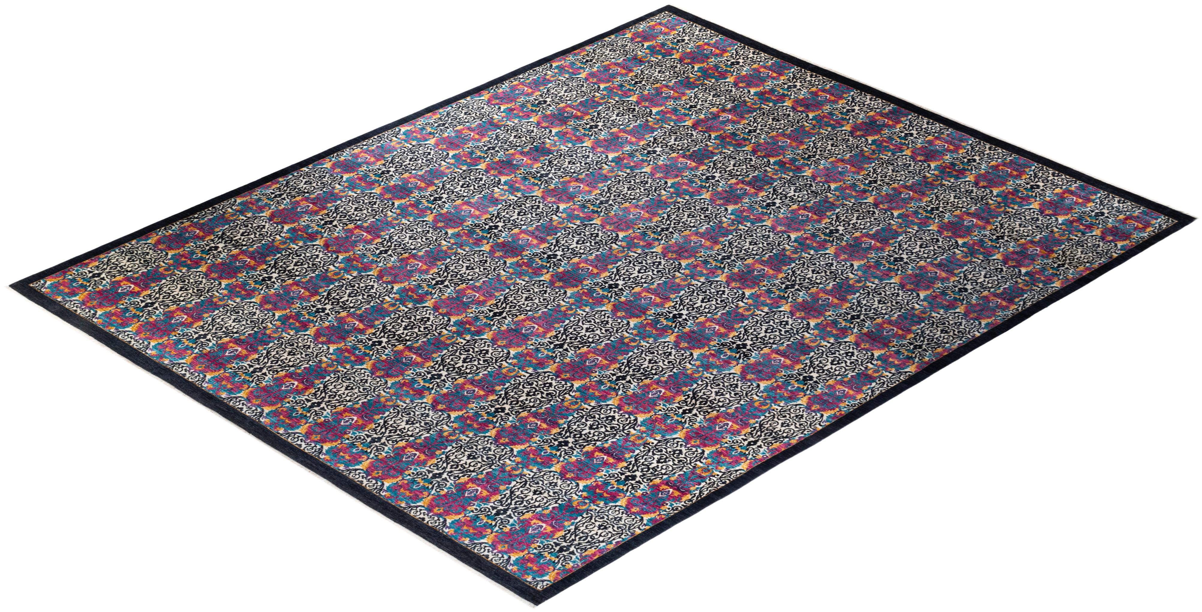 One-of-a-kind Hand Knotted Wool Suzani Black Area Rug For Sale 3