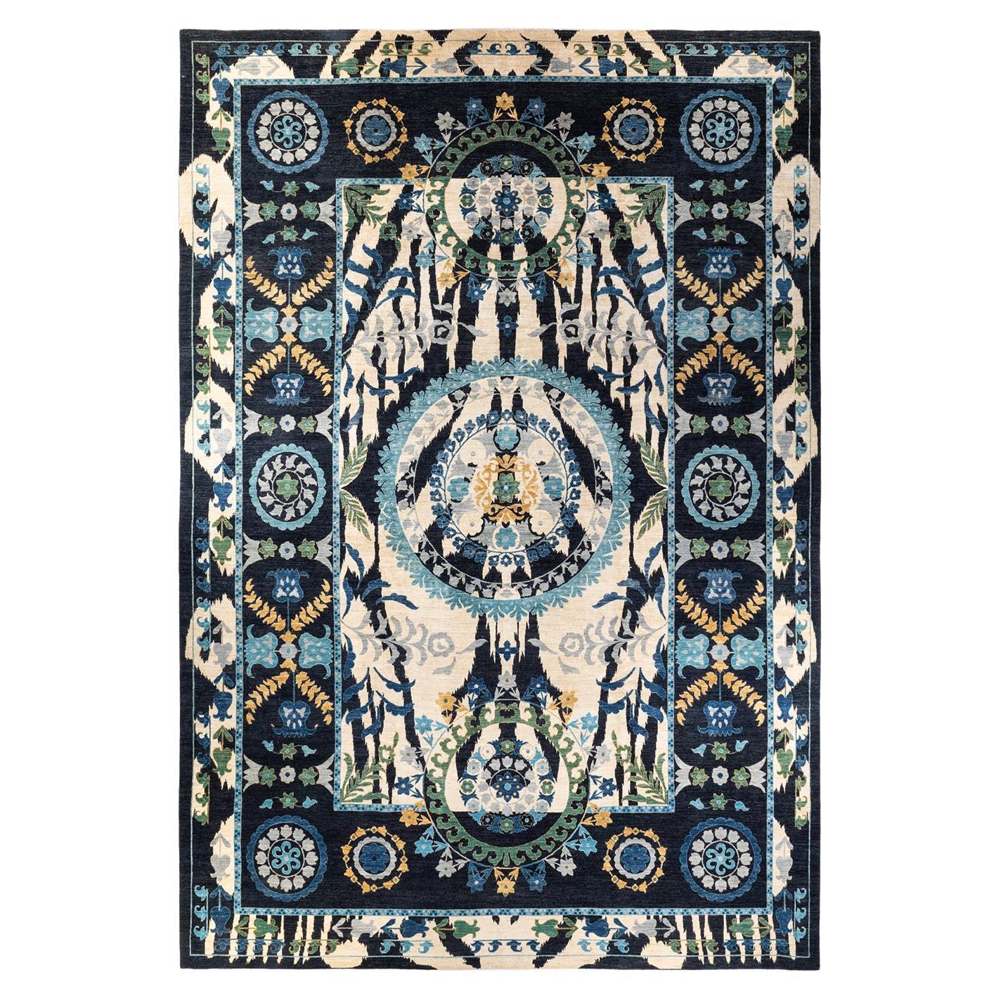 One-of-a-kind Hand Knotted Wool Suzani Black Area Rug For Sale