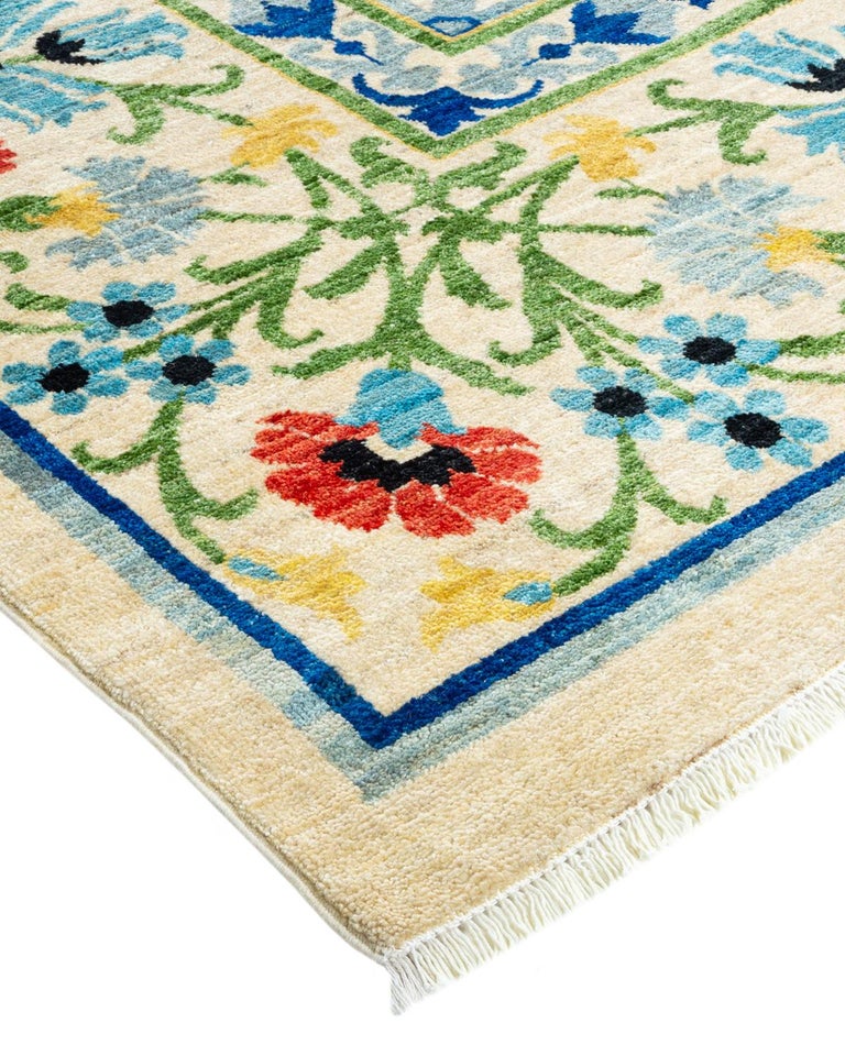 One-of-a-kind Hand Knotted Wool Suzani Ivory Area Rug For Sale at 1stDibs