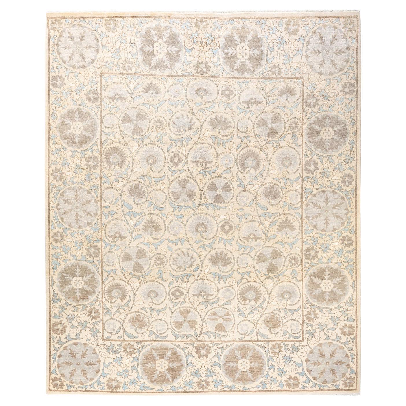 One-of-a-kind Hand Knotted Wool Suzani Ivory Area Rug For Sale