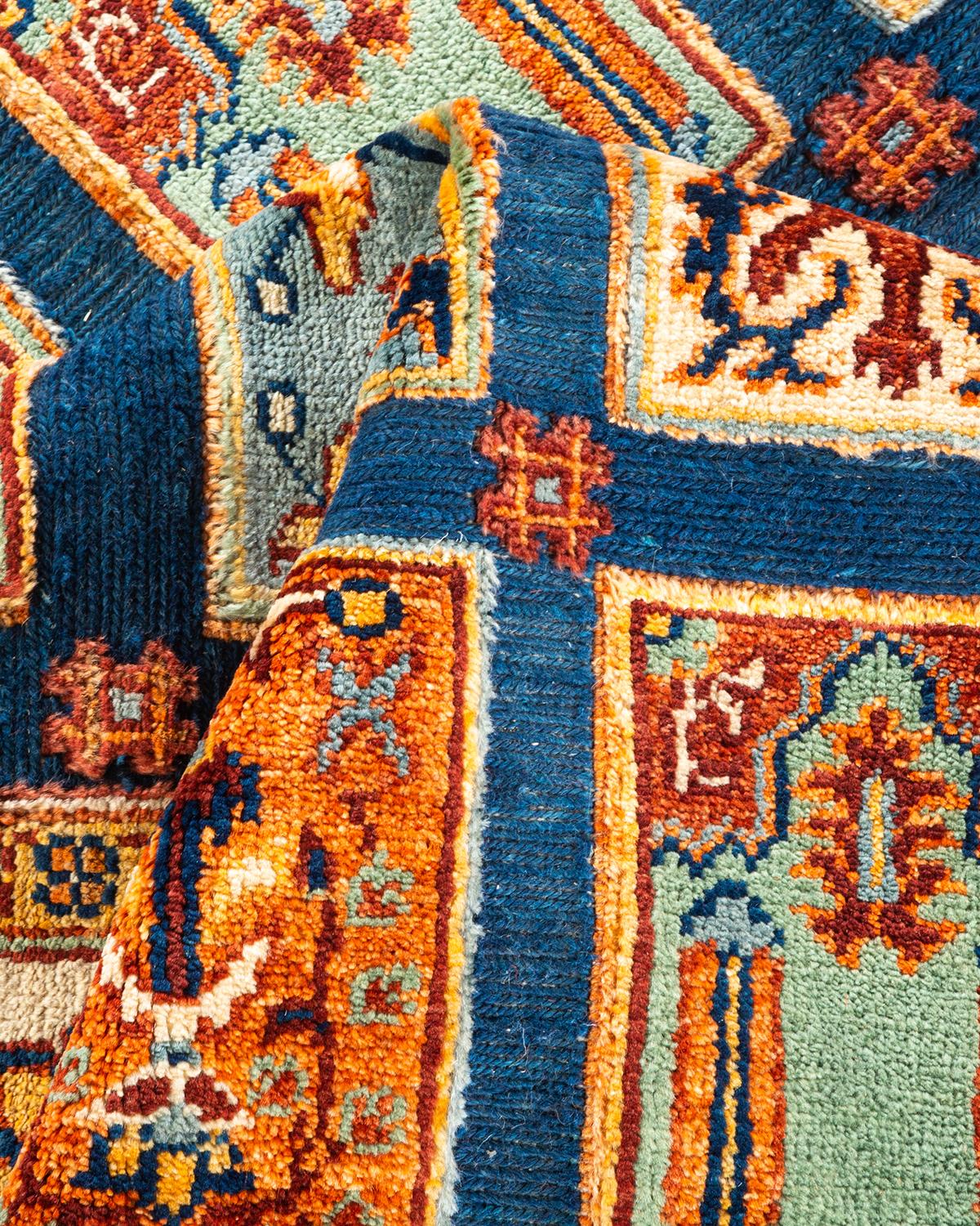 One-of-a-kind Hand Knotted Wool Tribal Blue Area Rug For Sale 2
