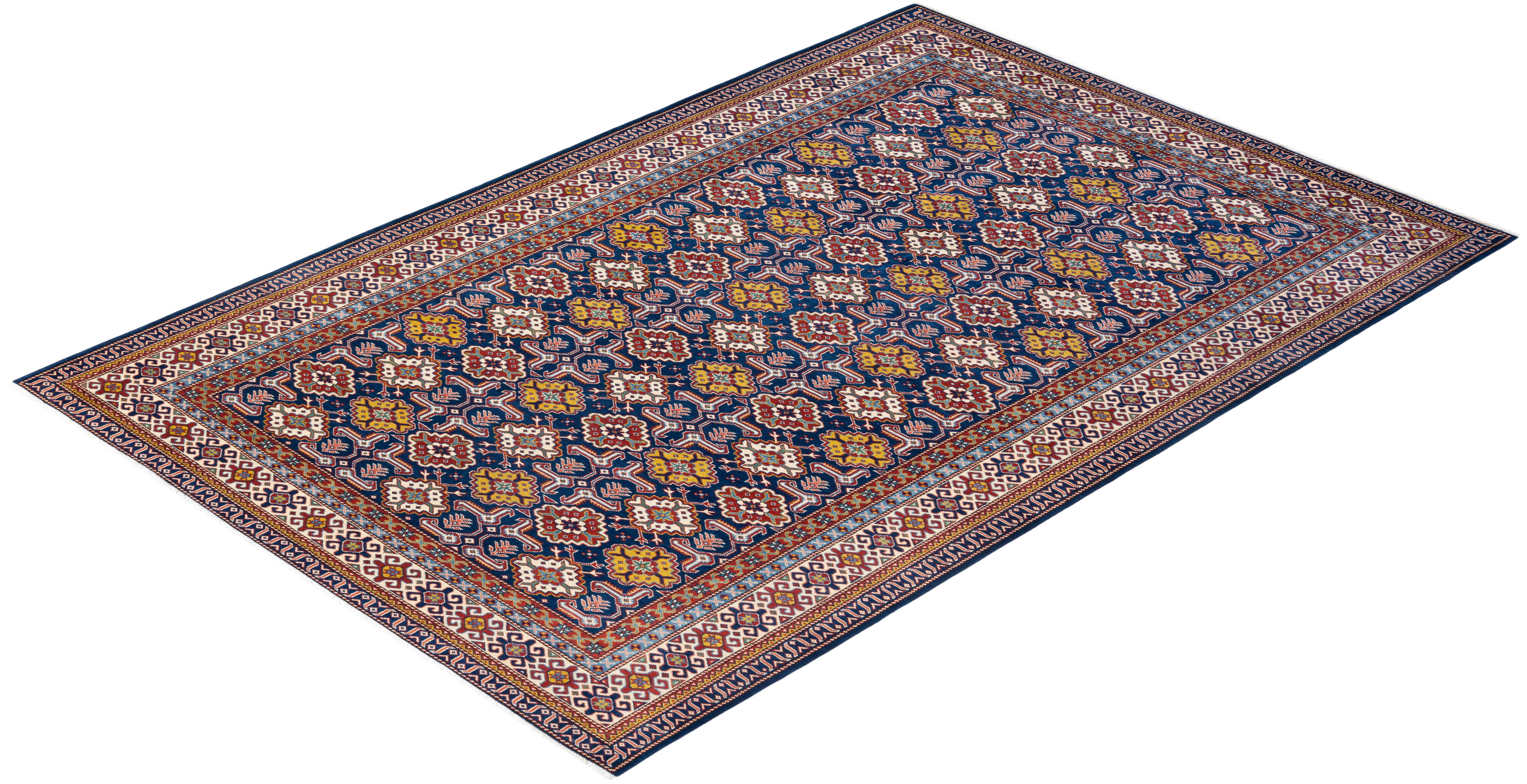 One-of-a-kind Hand Knotted Wool Tribal Blue Area Rug For Sale 3