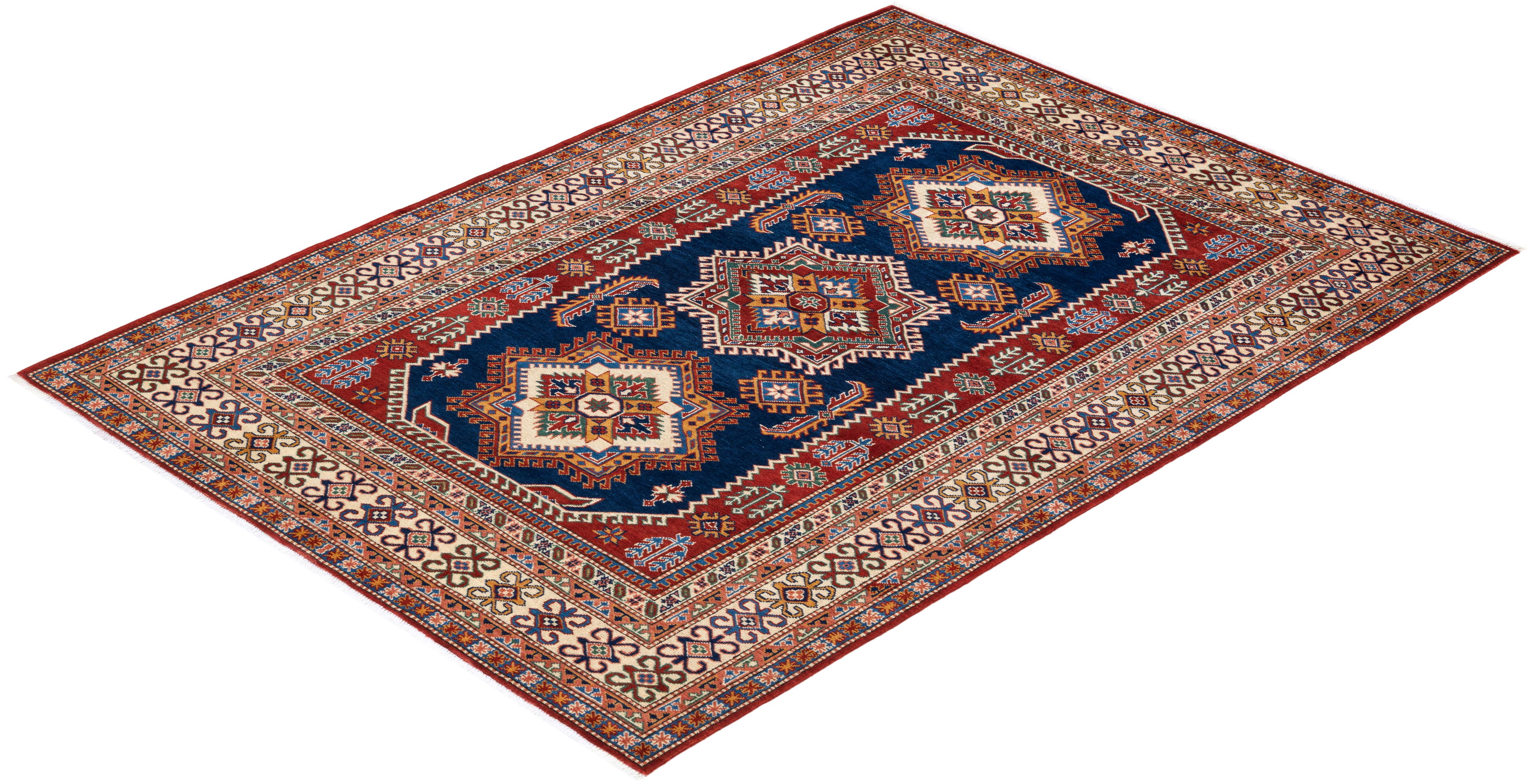 One-of-a-kind Hand Knotted Wool Tribal Blue Area Rug For Sale 3