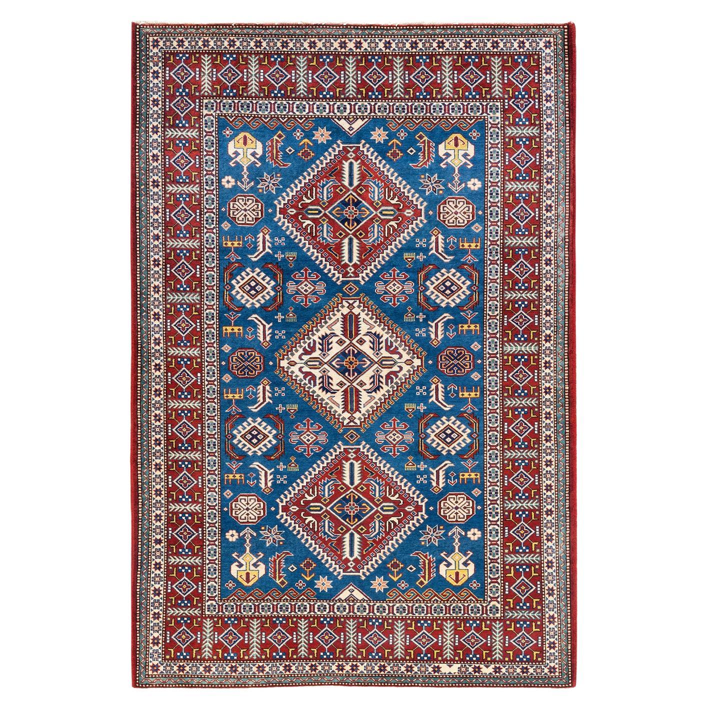 One-of-a-kind Hand Knotted Wool Tribal Blue Area Rug