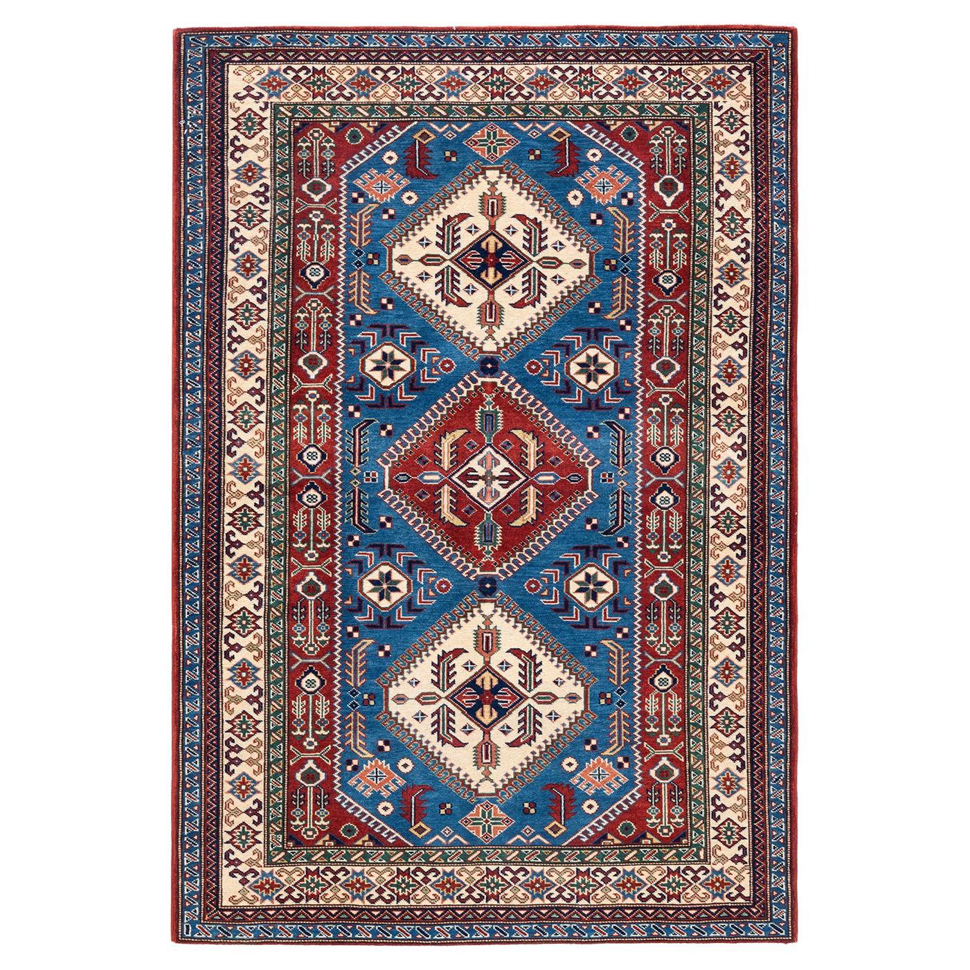 One-of-a-kind Hand Knotted Wool Tribal Blue Area Rug For Sale