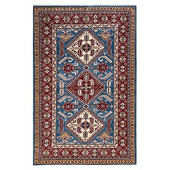 One-of-a-kind Hand Knotted Wool Tribal Blue Area Rug