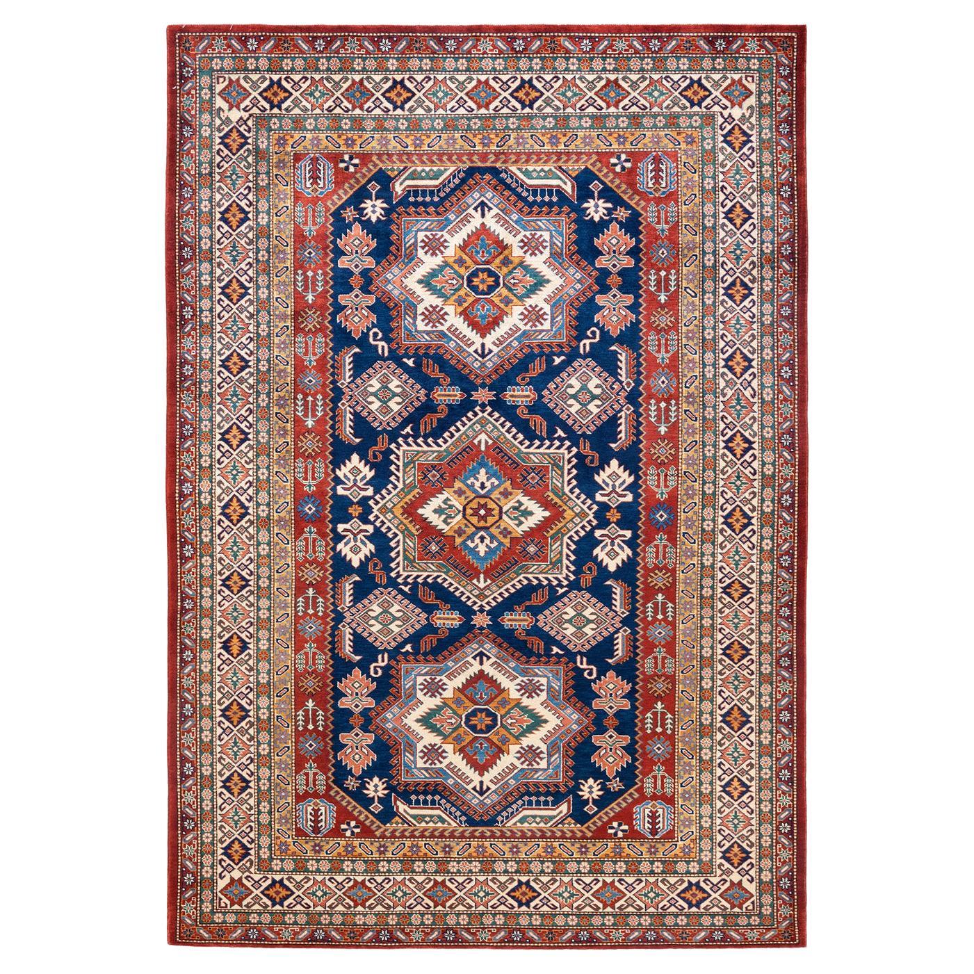 One-of-a-kind Hand Knotted Wool Tribal Blue Area Rug For Sale