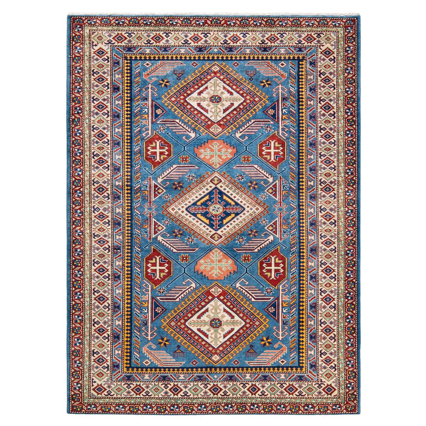 One-of-a-kind Hand Knotted Wool Tribal Blue Area Rug