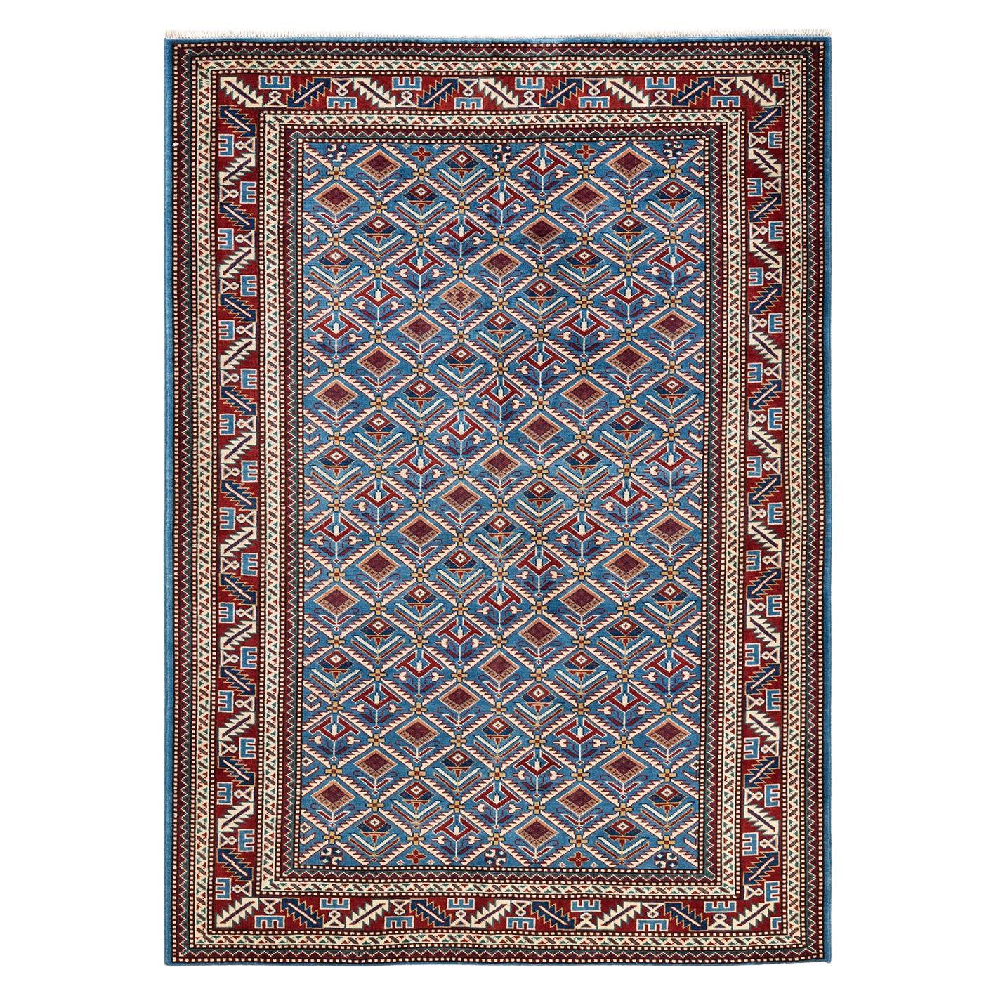 One-of-a-kind Hand Knotted Wool Tribal Blue Area Rug