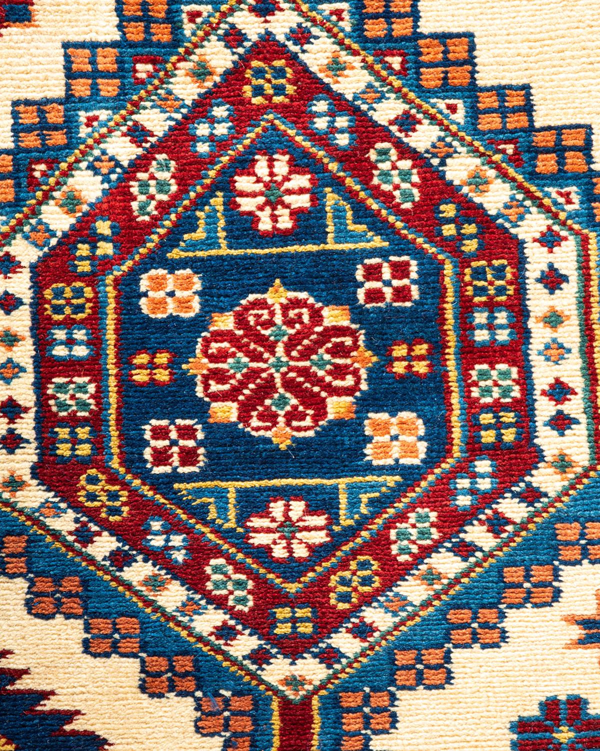 Pakistani One-of-a-kind Hand Knotted Wool Tribal Ivory Area Rug For Sale