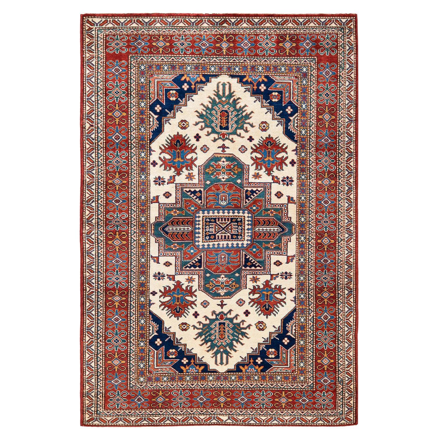 One-of-a-kind Hand Knotted Wool Tribal Ivory Area Rug For Sale