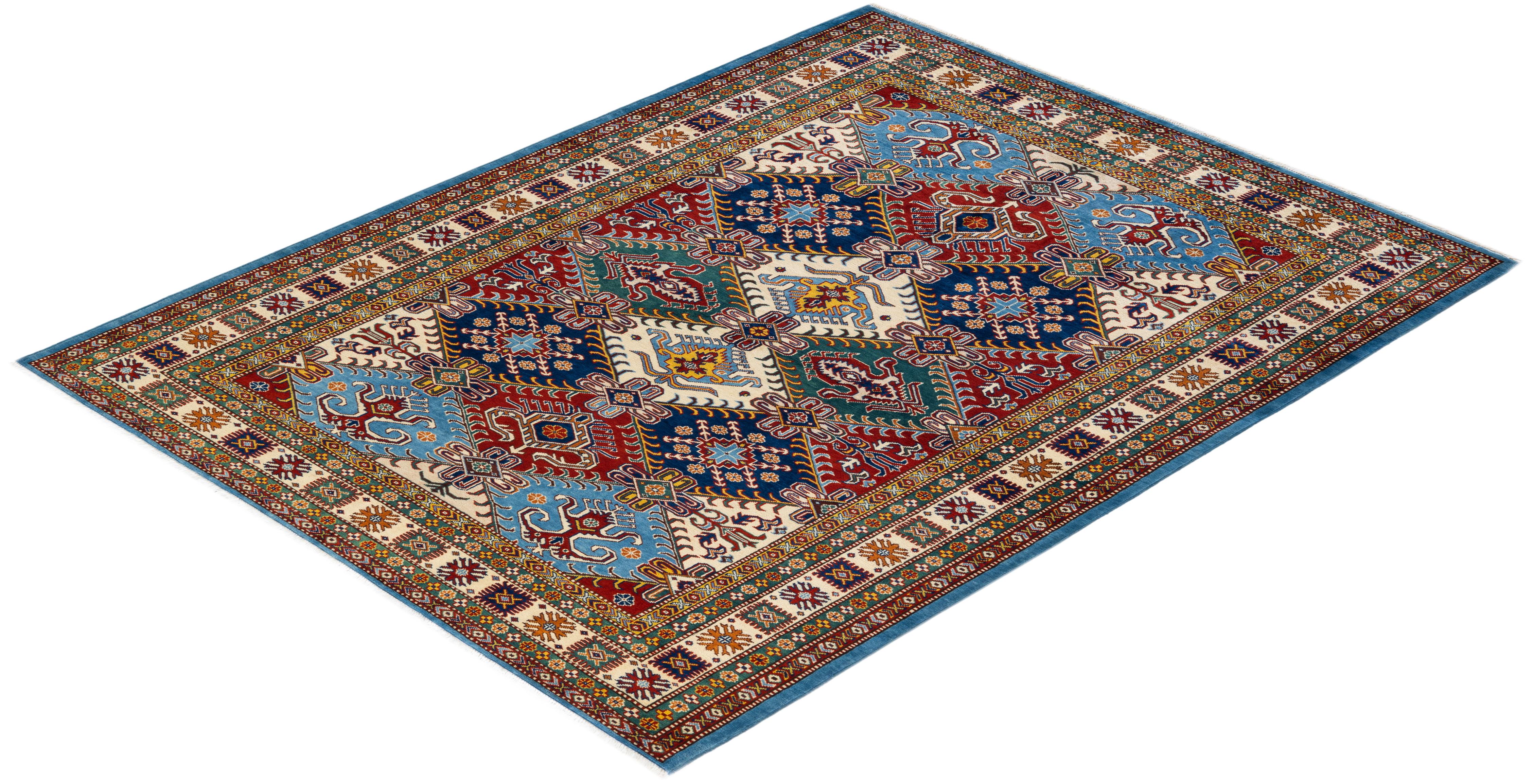 One-of-a-kind Hand Knotted Wool Tribal Light Blue Area Rug For Sale 3