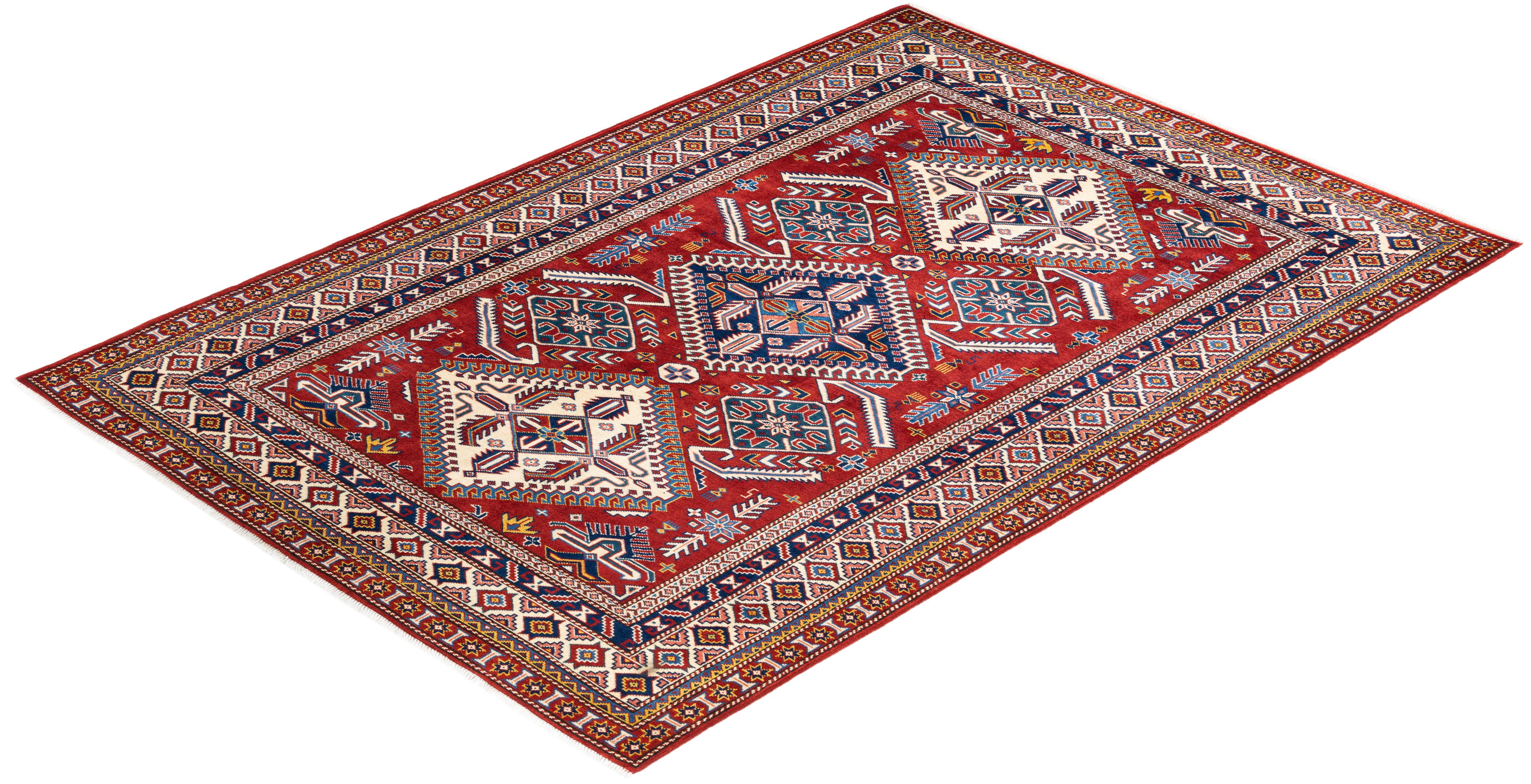 One-of-a-kind Hand Knotted Wool Tribal Orange Area Rug For Sale 3