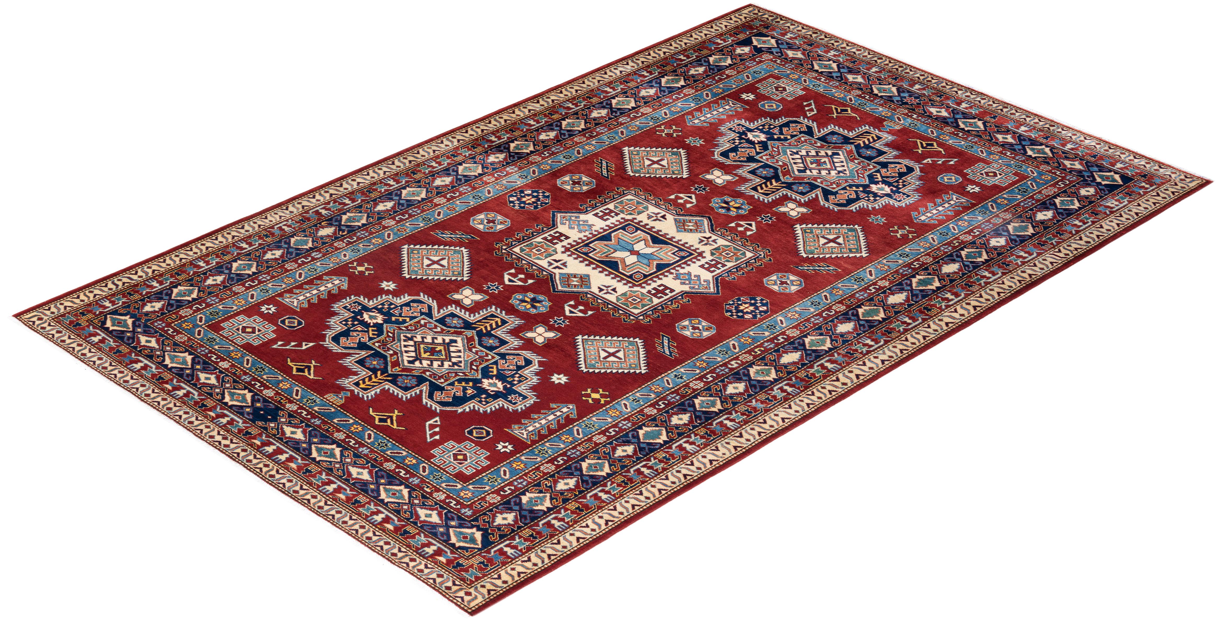 One-of-a-kind Hand Knotted Wool Tribal Red Area Rug For Sale 3