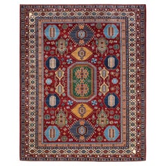 Handgeknüpfter roter Teppich aus Wolle, Stammeskunst, Unikat